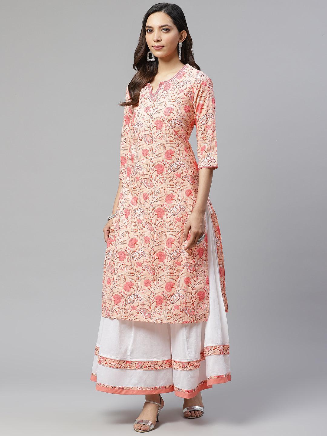 Peach Cotton Kurta With Palazzo Set