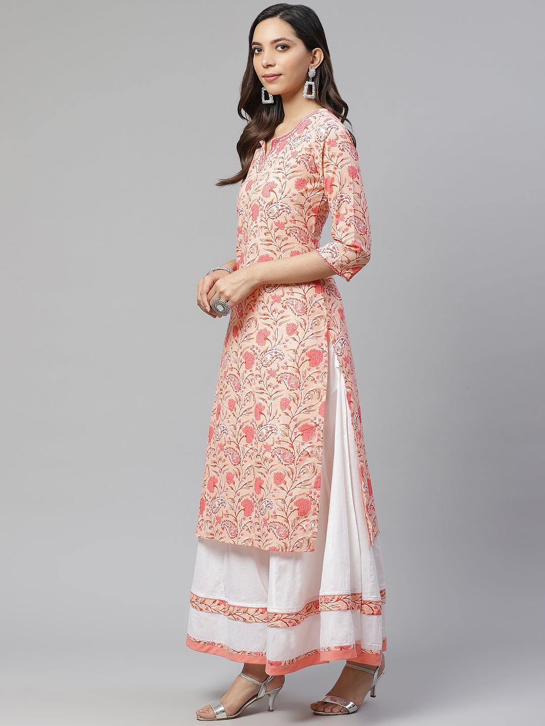 Peach Cotton Kurta With Palazzo Set