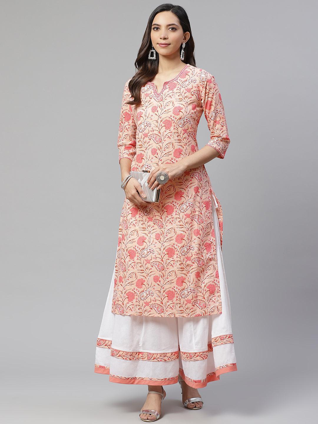 Peach Cotton Kurta With Palazzo Set