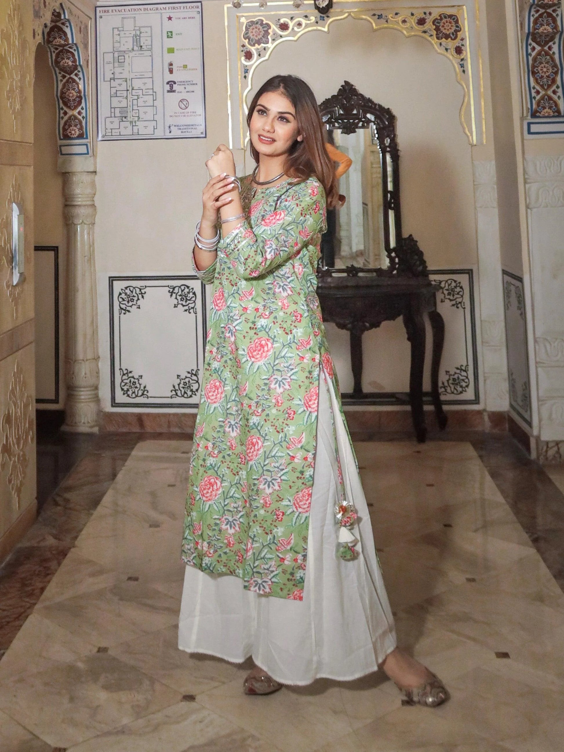 Green Printed Cotton Kurta With Palazzo Set