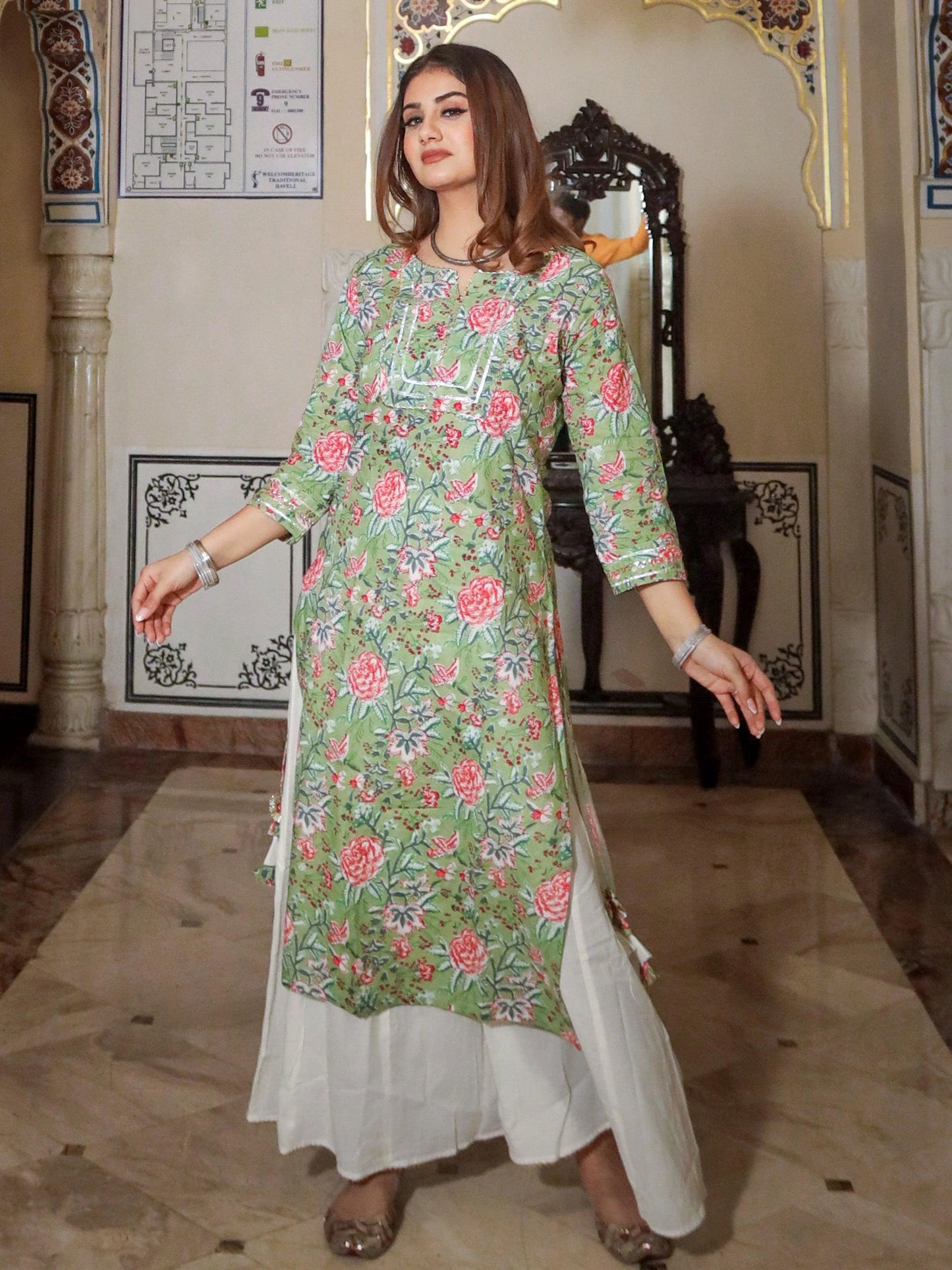 Green Printed Cotton Kurta With Palazzo Set