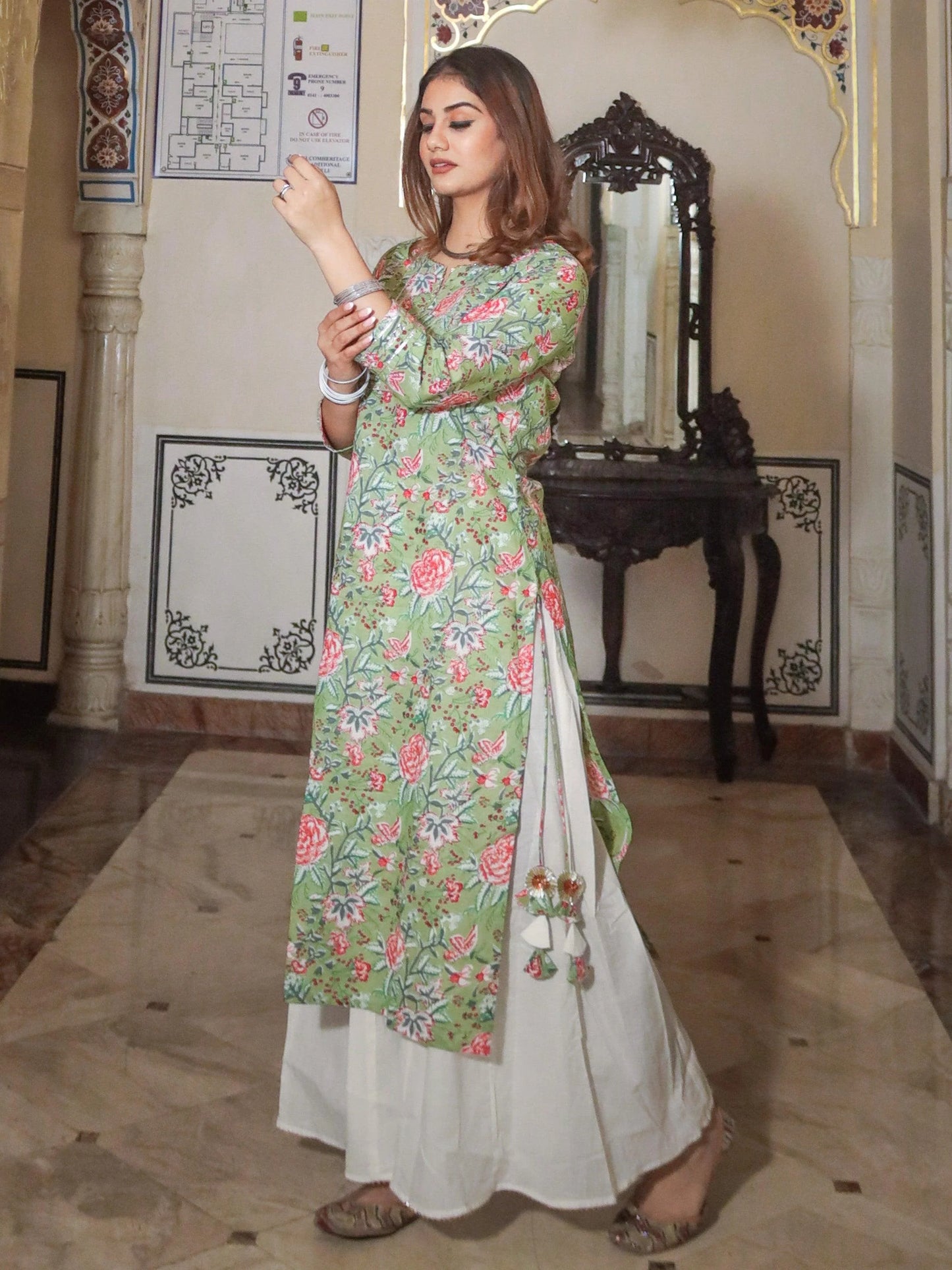 Green Printed Cotton Kurta With Palazzo Set