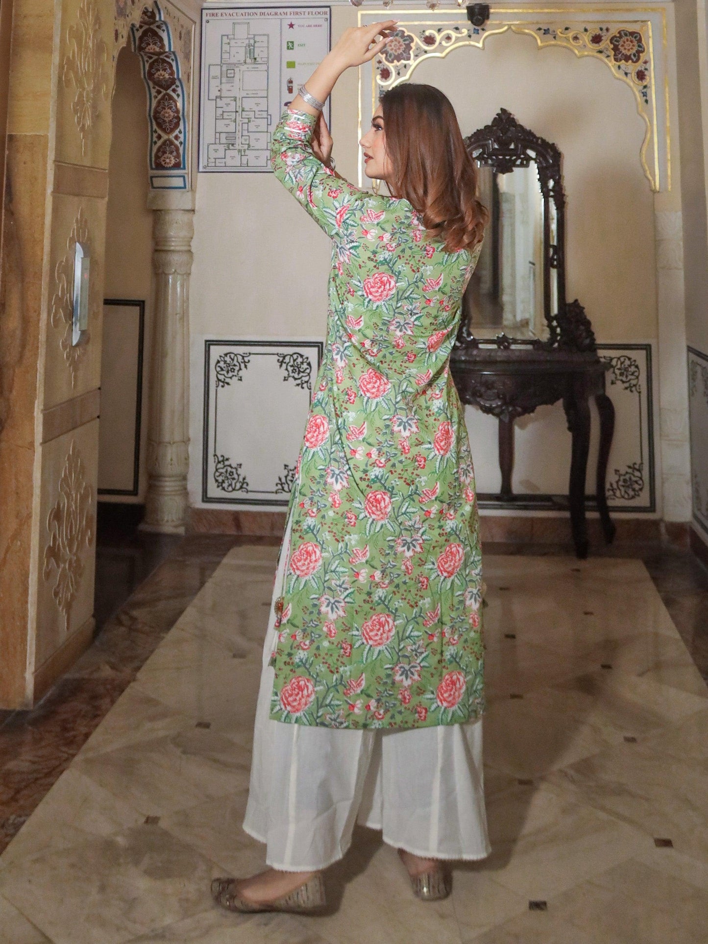 Green Printed Cotton Kurta With Palazzo Set