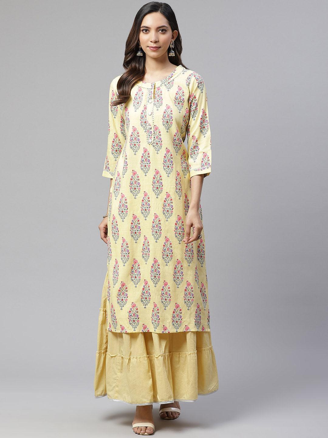 Divena Yellow Rayon Printed Kurti Sharara Set - divena world-Mohi