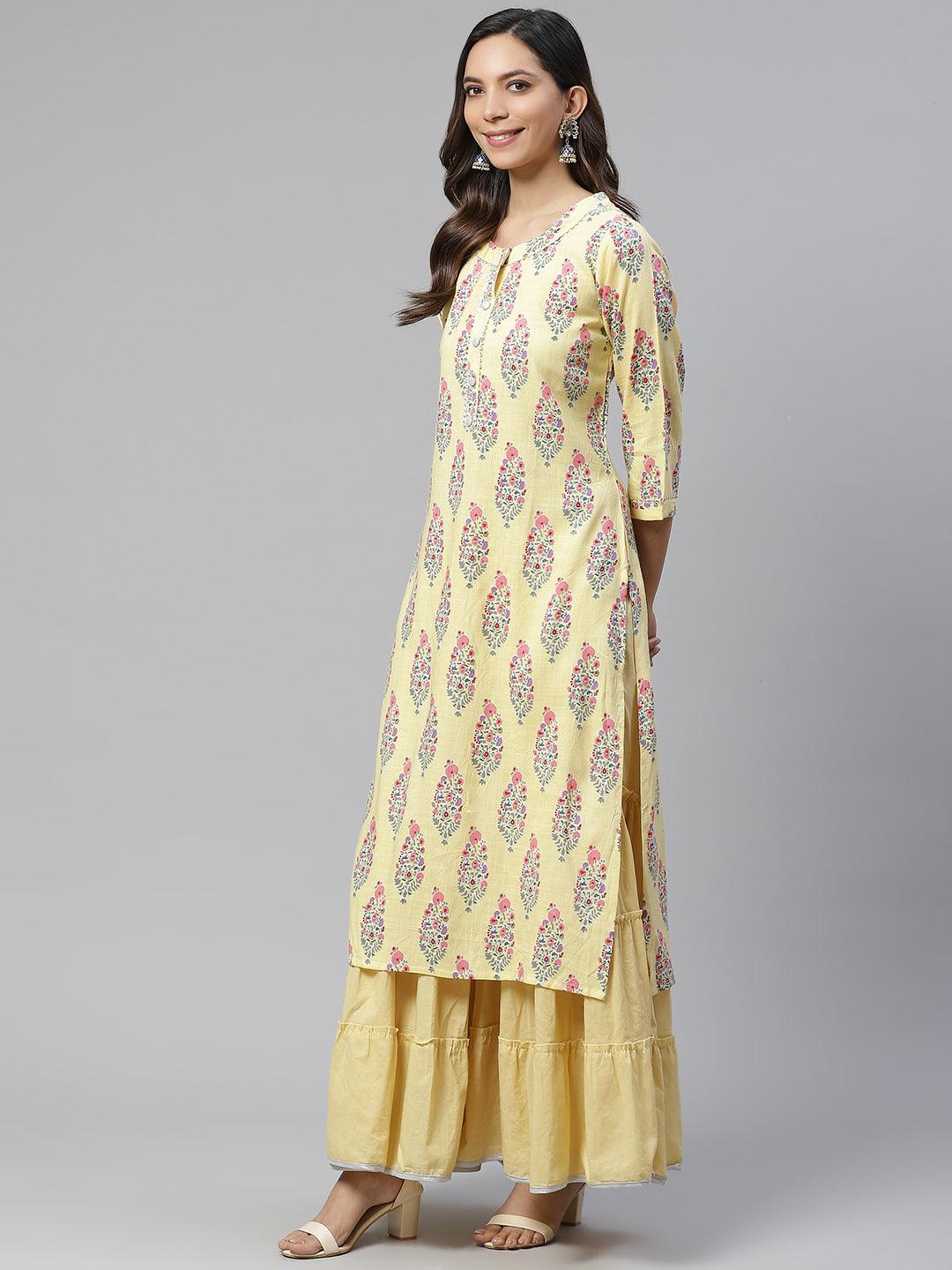 Divena Yellow Rayon Printed Kurti Sharara Set - divena world-Mohi