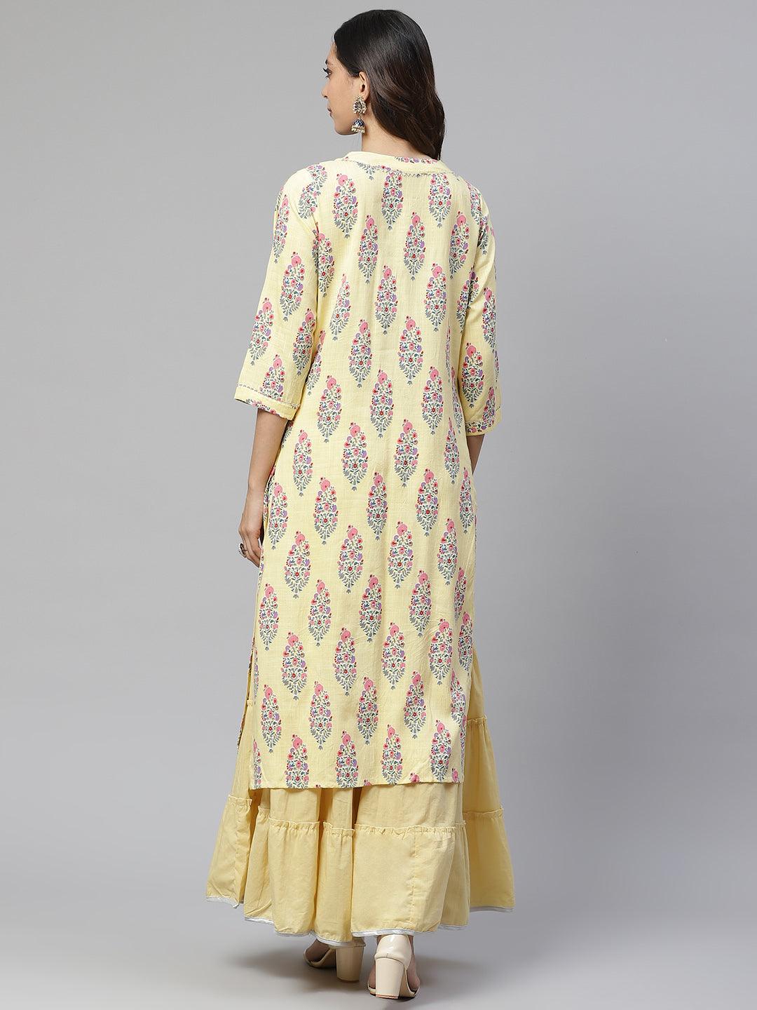 Divena Yellow Rayon Printed Kurti Sharara Set - divena world-Mohi