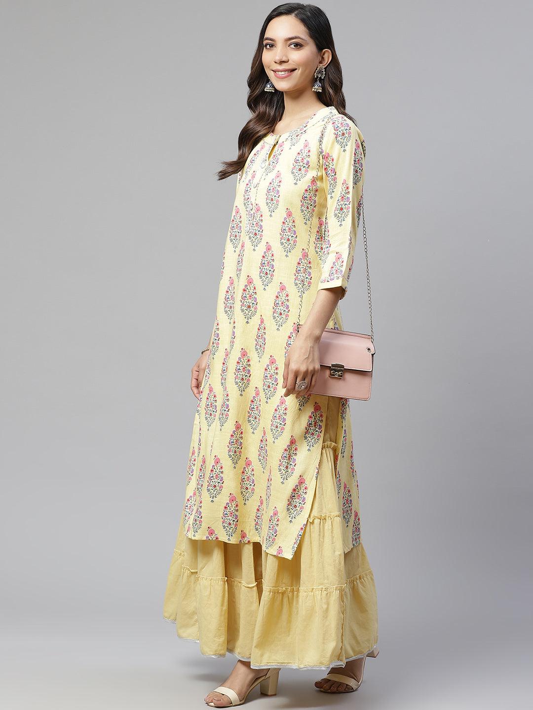 Divena Yellow Rayon Printed Kurti Sharara Set - divena world-Mohi