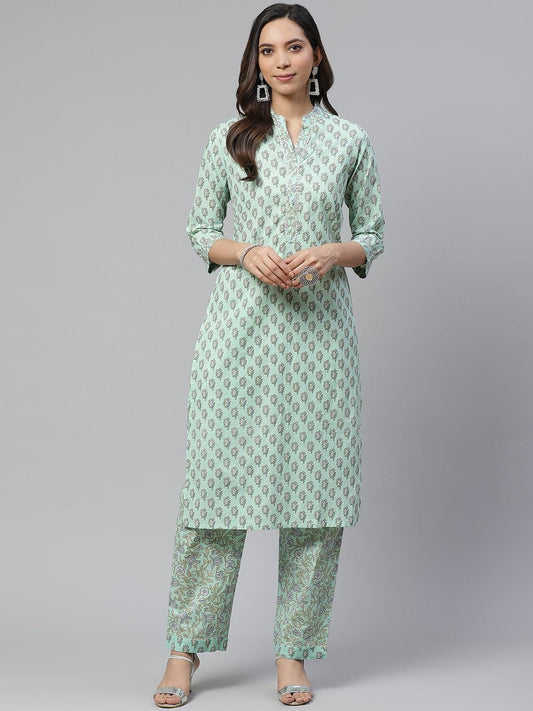 Divena Sea Green Cotton Printed Kurti Pant Set - divena world-Mohi