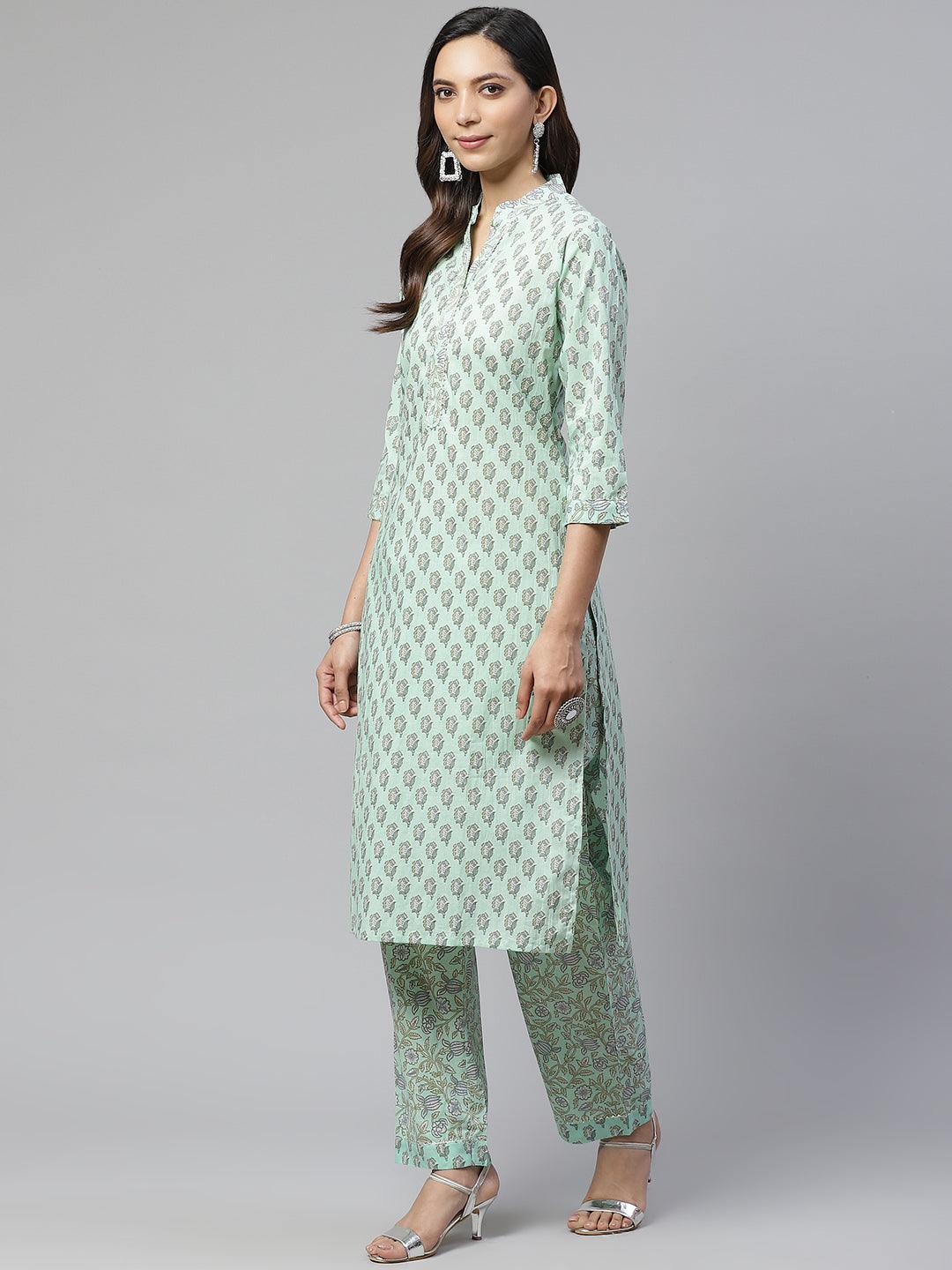 Divena Sea Green Cotton Printed Kurti Pant Set - divena world-Mohi