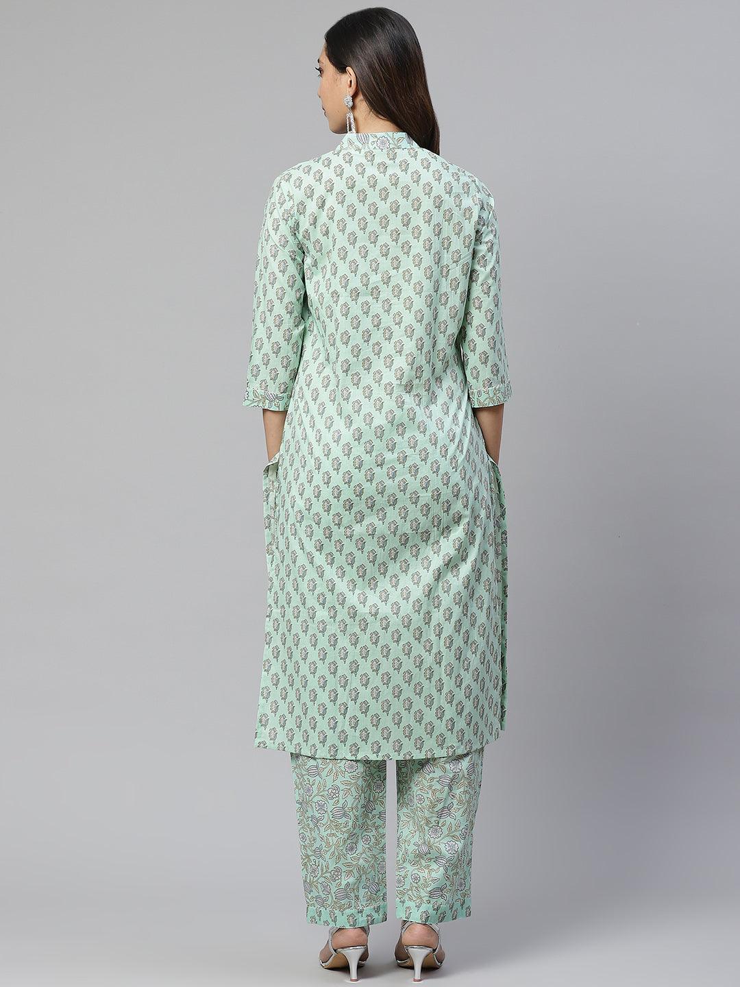 Divena Sea Green Cotton Printed Kurti Pant Set - divena world-Mohi