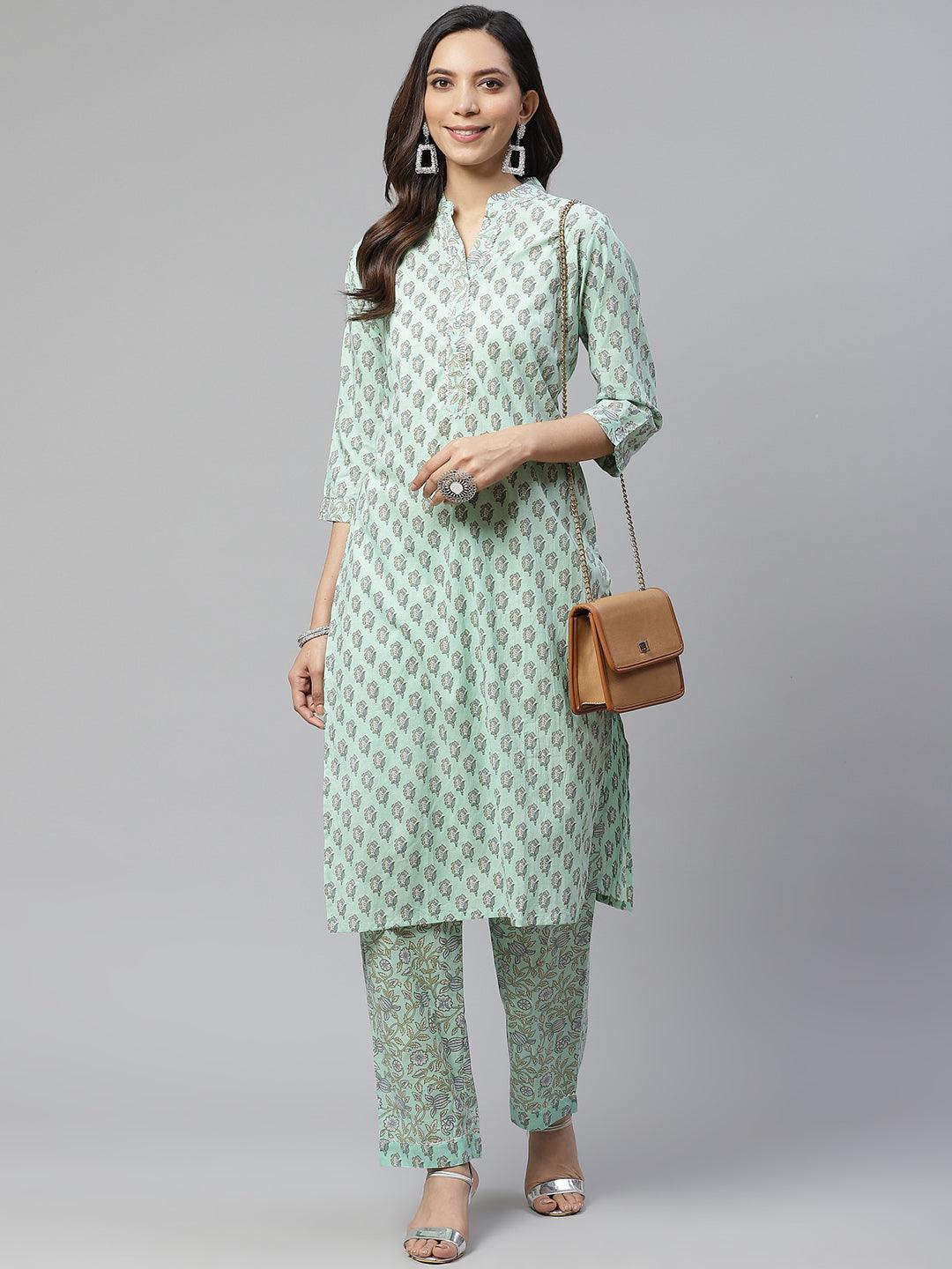 Divena Sea Green Cotton Printed Kurti Pant Set - divena world-Mohi