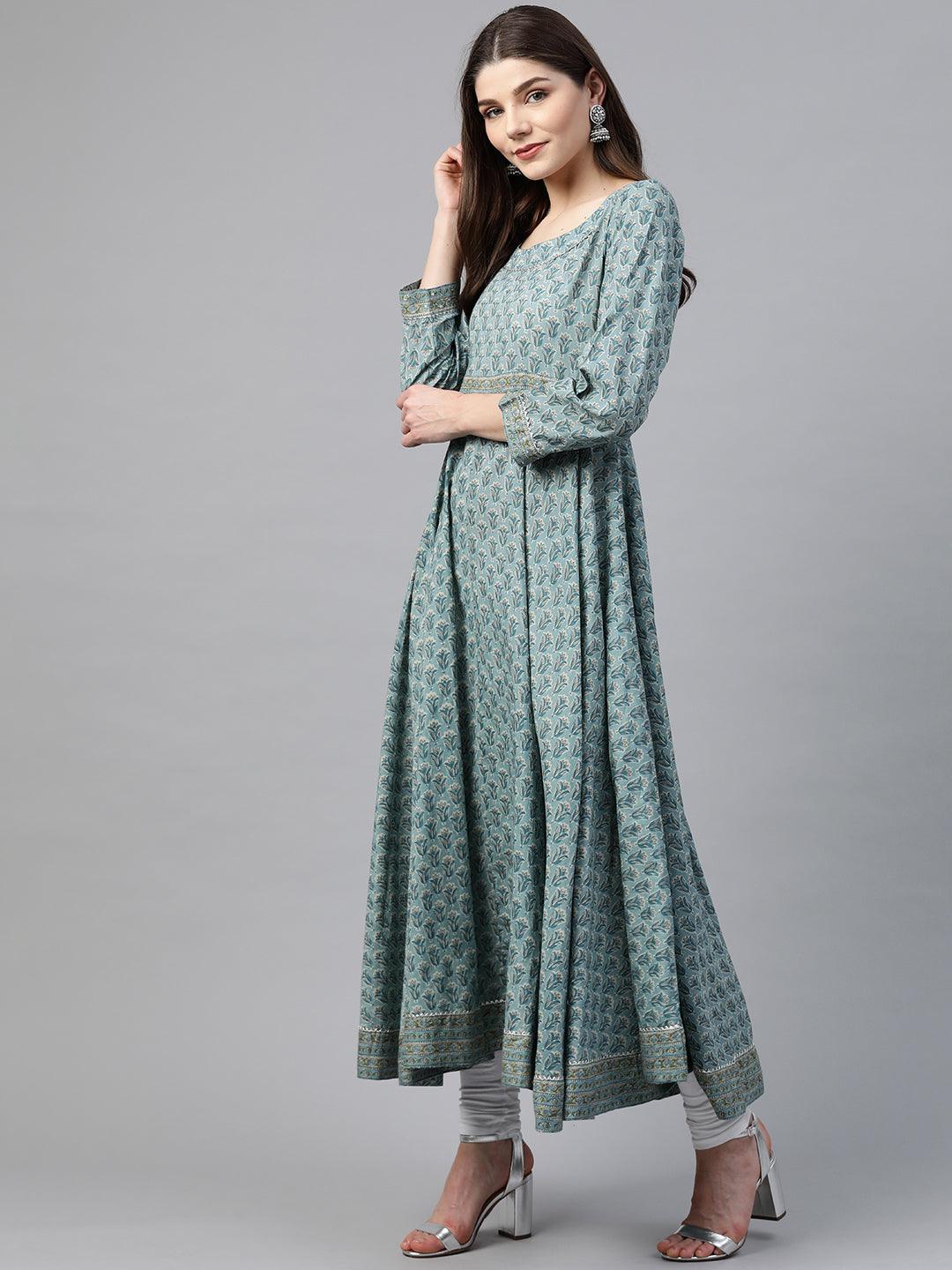 Divena Indigo Blue Printed High Low Kurta - divena world-Mohi