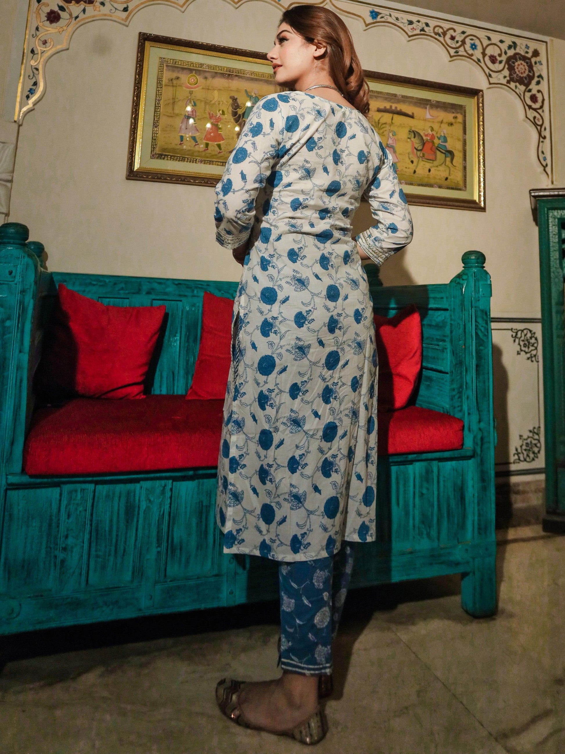 White And Blue Cotton Kurta Pant Set