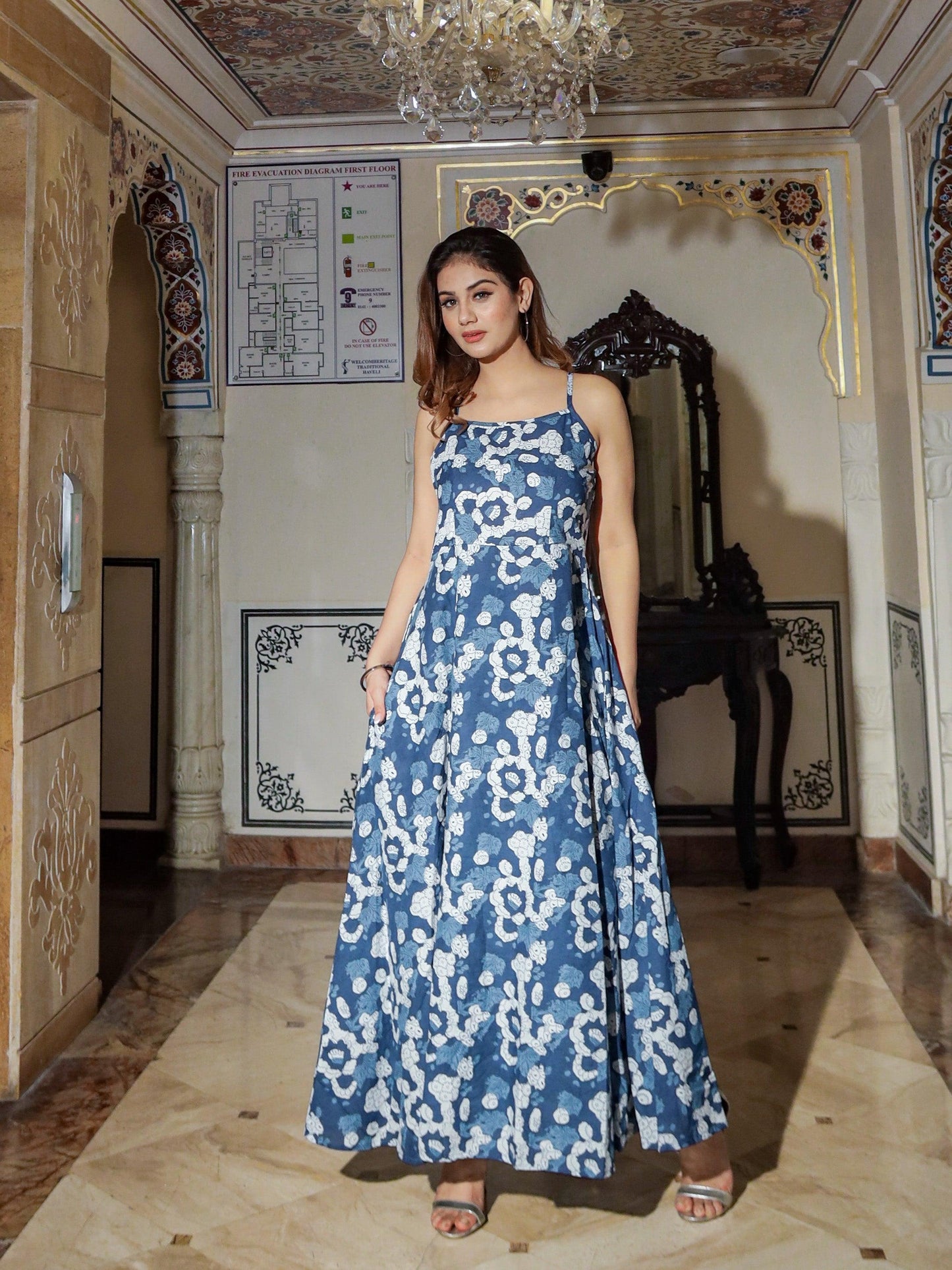 Divena Indigo Print Cotton Long Dress - divenaworld.com