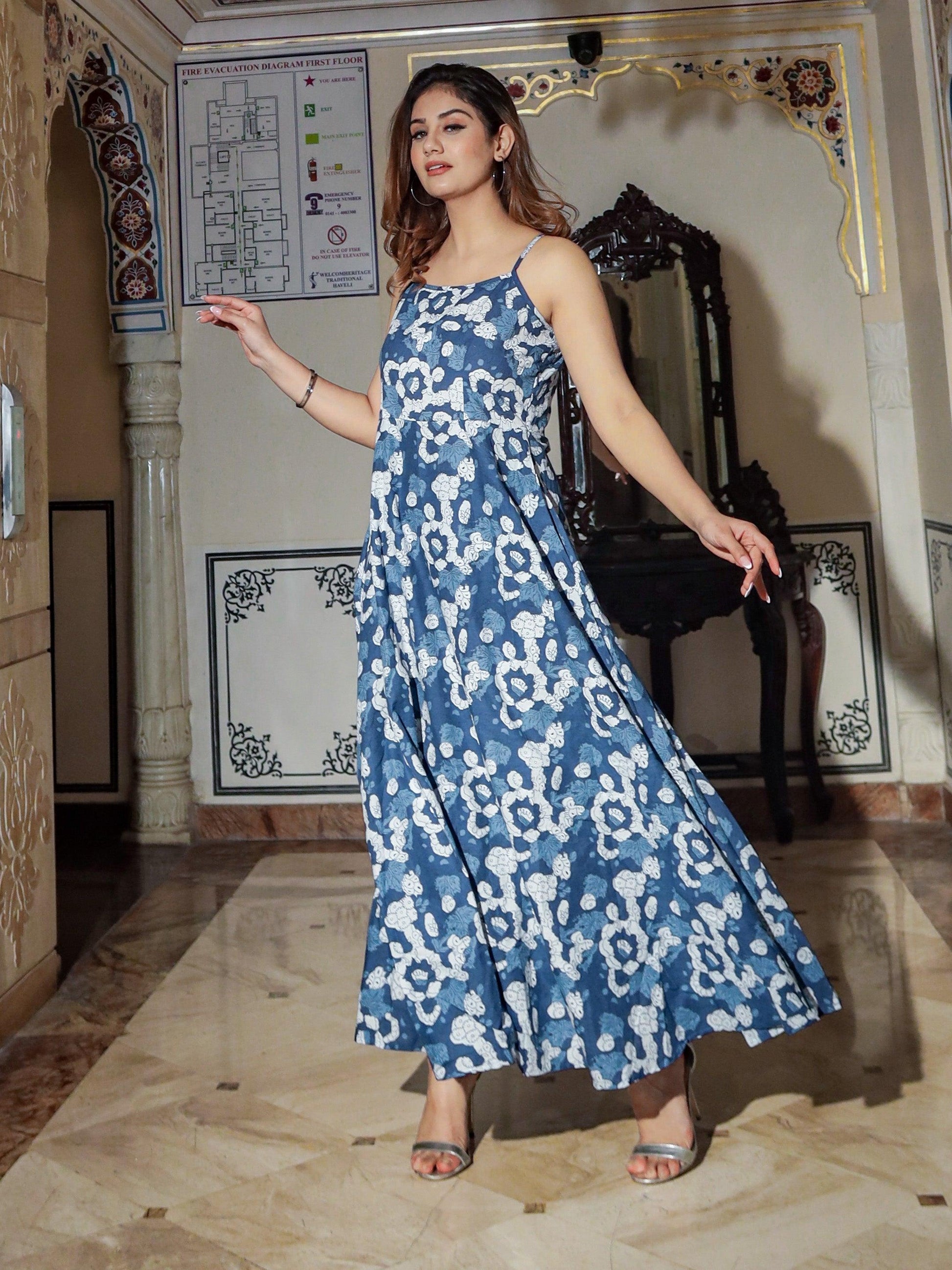 Divena Indigo Print Cotton Long Dress - divenaworld.com