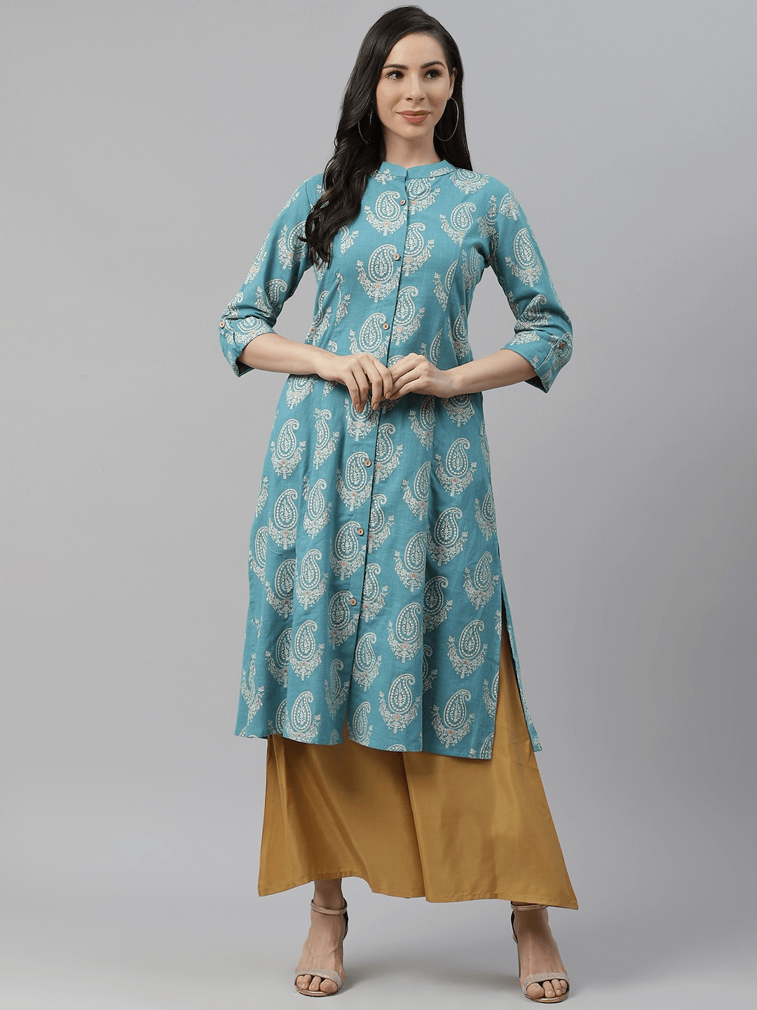 Divena Sky Blue Cotton Printed Kurta - divena world-Mohi