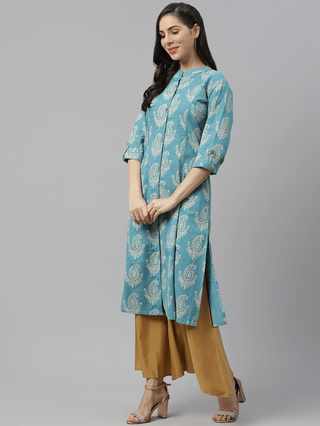 Divena Sky Blue Cotton Printed Kurta - divena world-Mohi