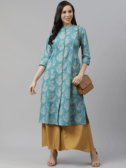 Divena Sky Blue Cotton Printed Kurta - divena world-Mohi