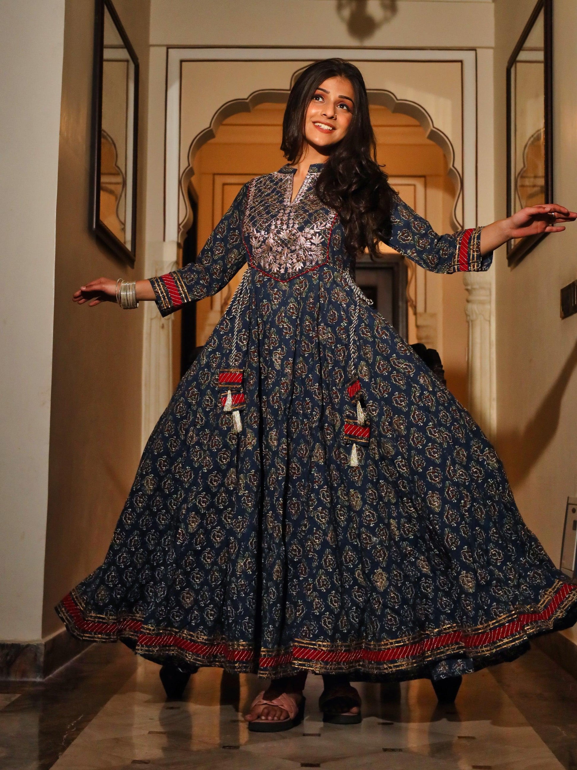 Divena Blue Cotton Anarkali Kurta - divenaworld.com