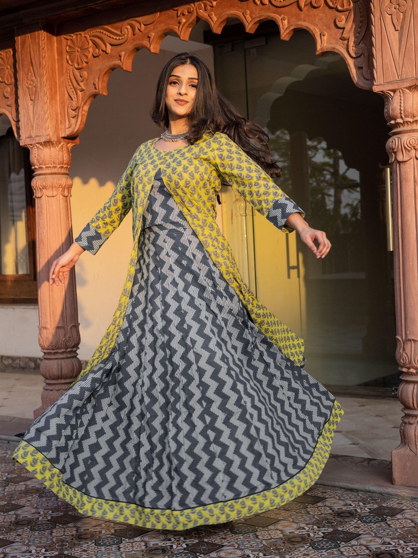 Divena Yellow Shurg Style Cotton kurta with Skirt - divenaworld.com