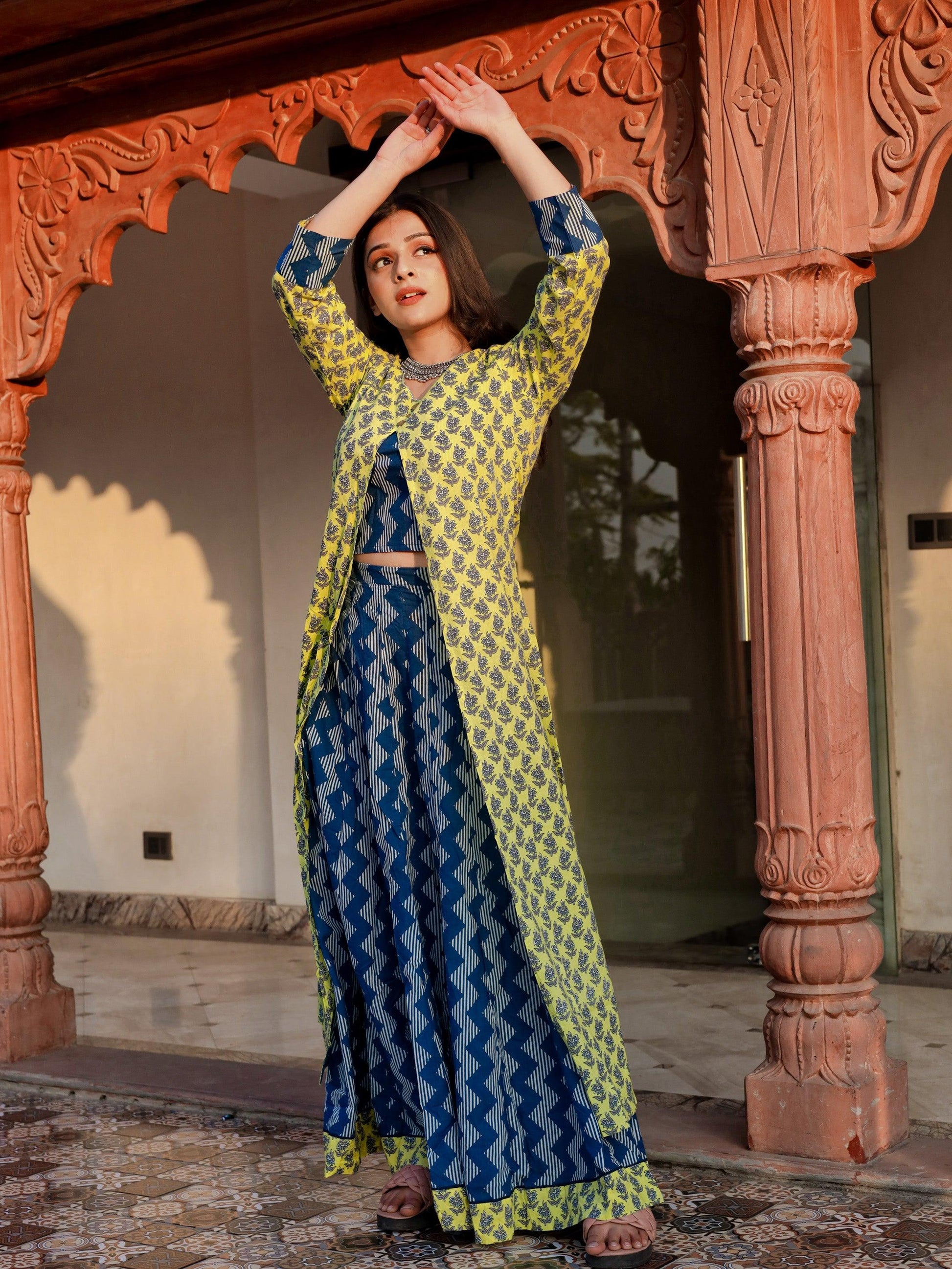 Divena Yellow Shurg Style Cotton kurta with Skirt - divenaworld.com