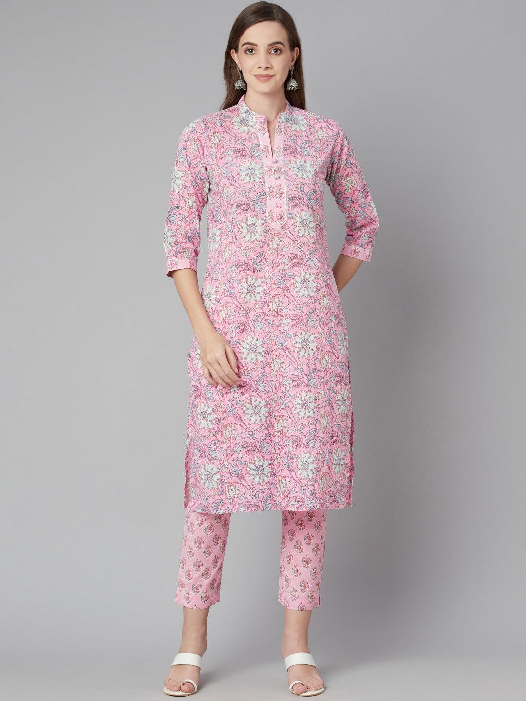 Divena Pink floral printed Cotton Kurta Pant set - divena world-Mohi