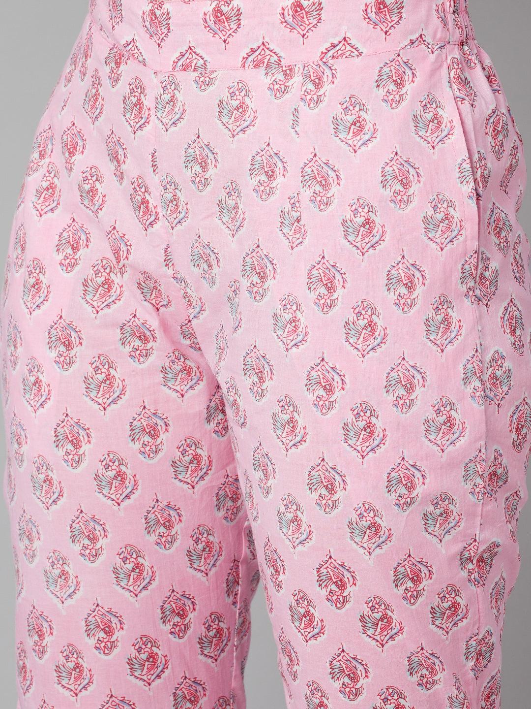 Divena Pink floral printed Cotton Kurta Pant set - divena world-Mohi