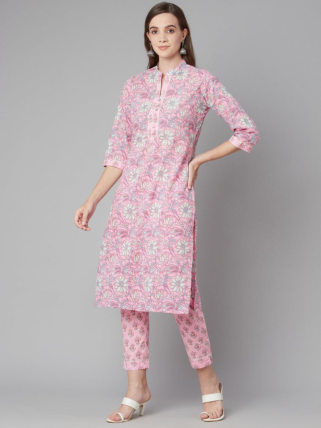 Divena Pink floral printed Cotton Kurta Pant set - divena world-Mohi