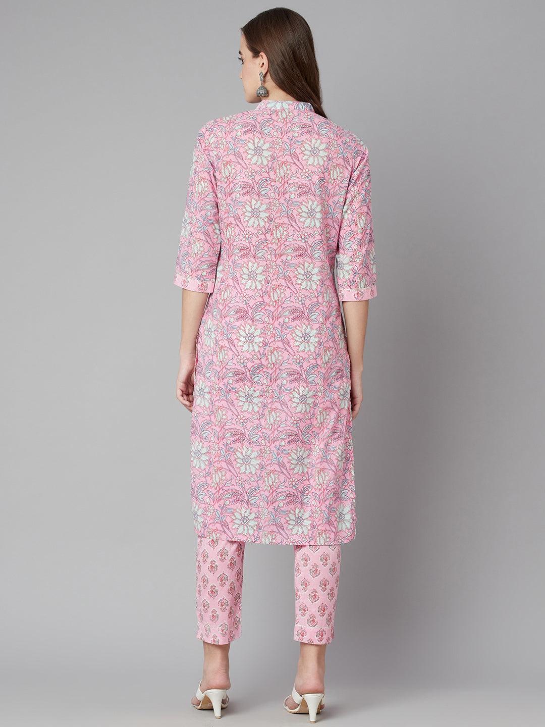 Divena Pink floral printed Cotton Kurta Pant set - divena world-Mohi