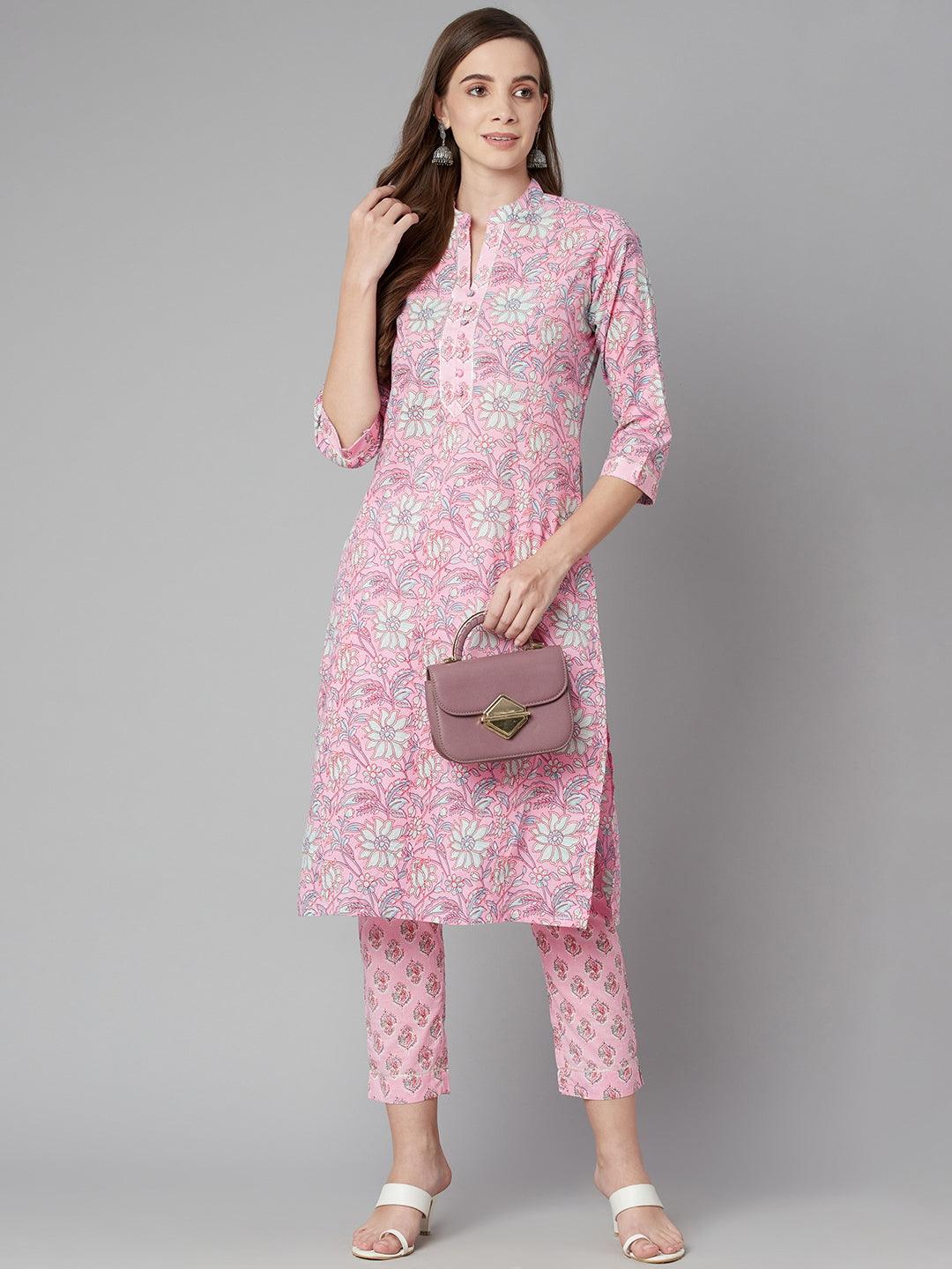 Divena Pink floral printed Cotton Kurta Pant set - divena world-Mohi