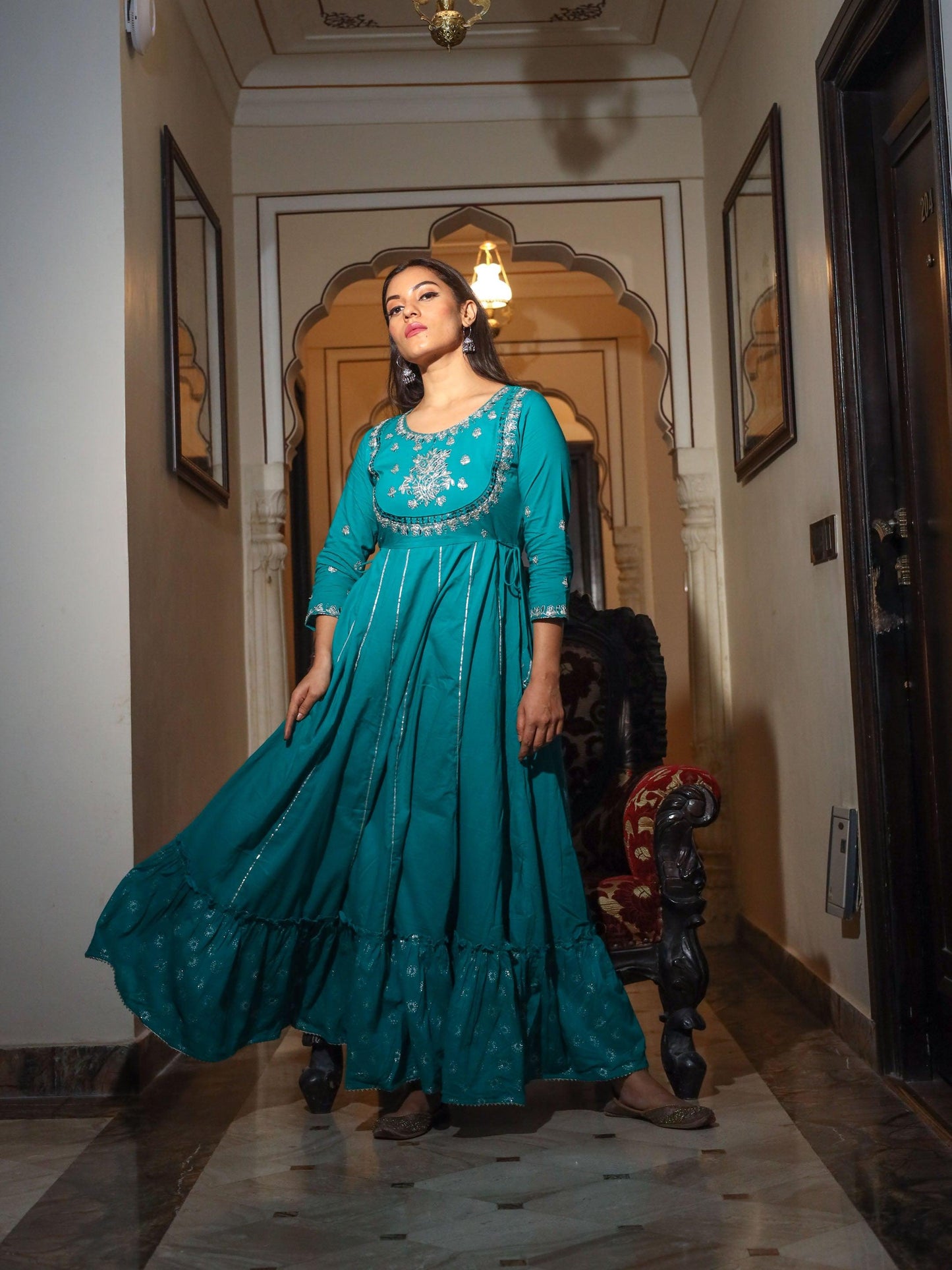 Divena Green Flared Kurta - divenaworld.com