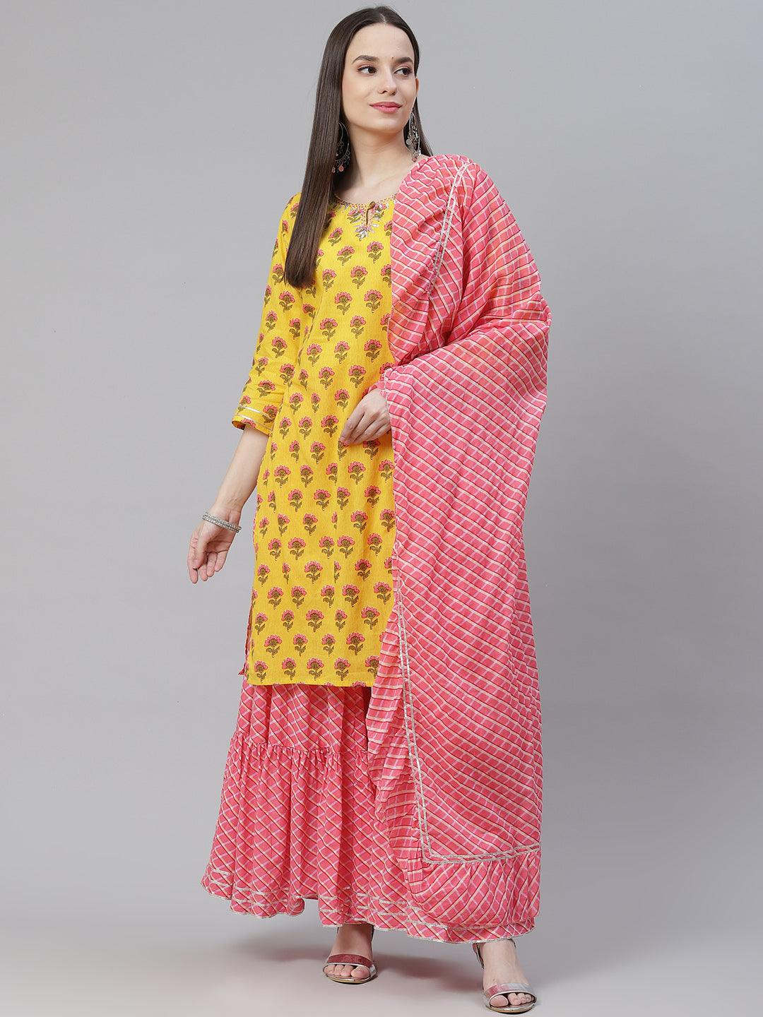 Divena Yellow Printed Kurta with Lahariya Sharara and Ruffled Dupatta Set - divena world-Mohi