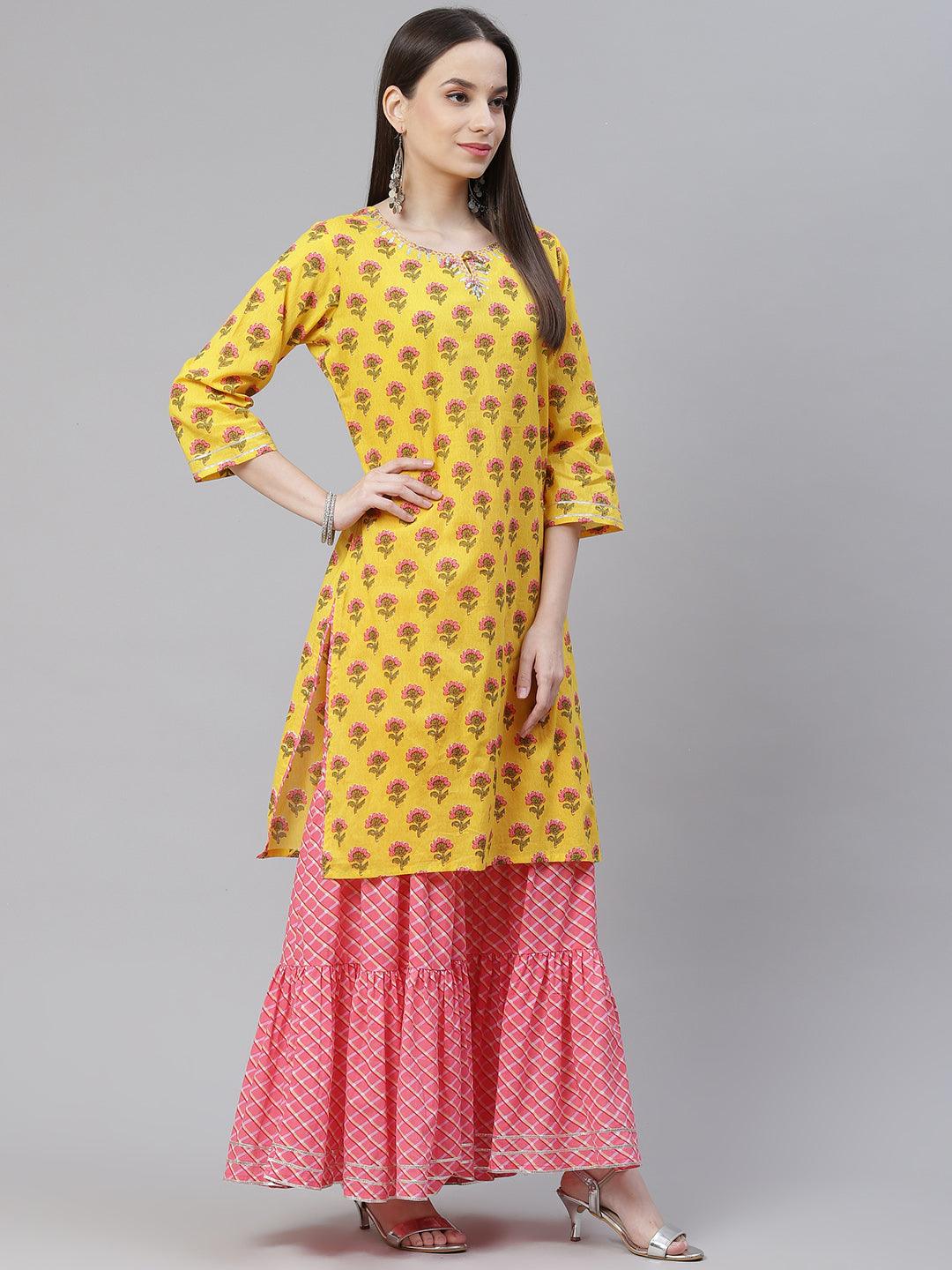 Divena Yellow Printed Kurta with Lahariya Sharara and Ruffled Dupatta Set - divena world-Mohi