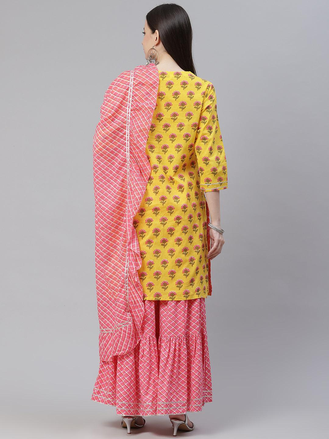 Divena Yellow Printed Kurta with Lahariya Sharara and Ruffled Dupatta Set - divena world-Mohi