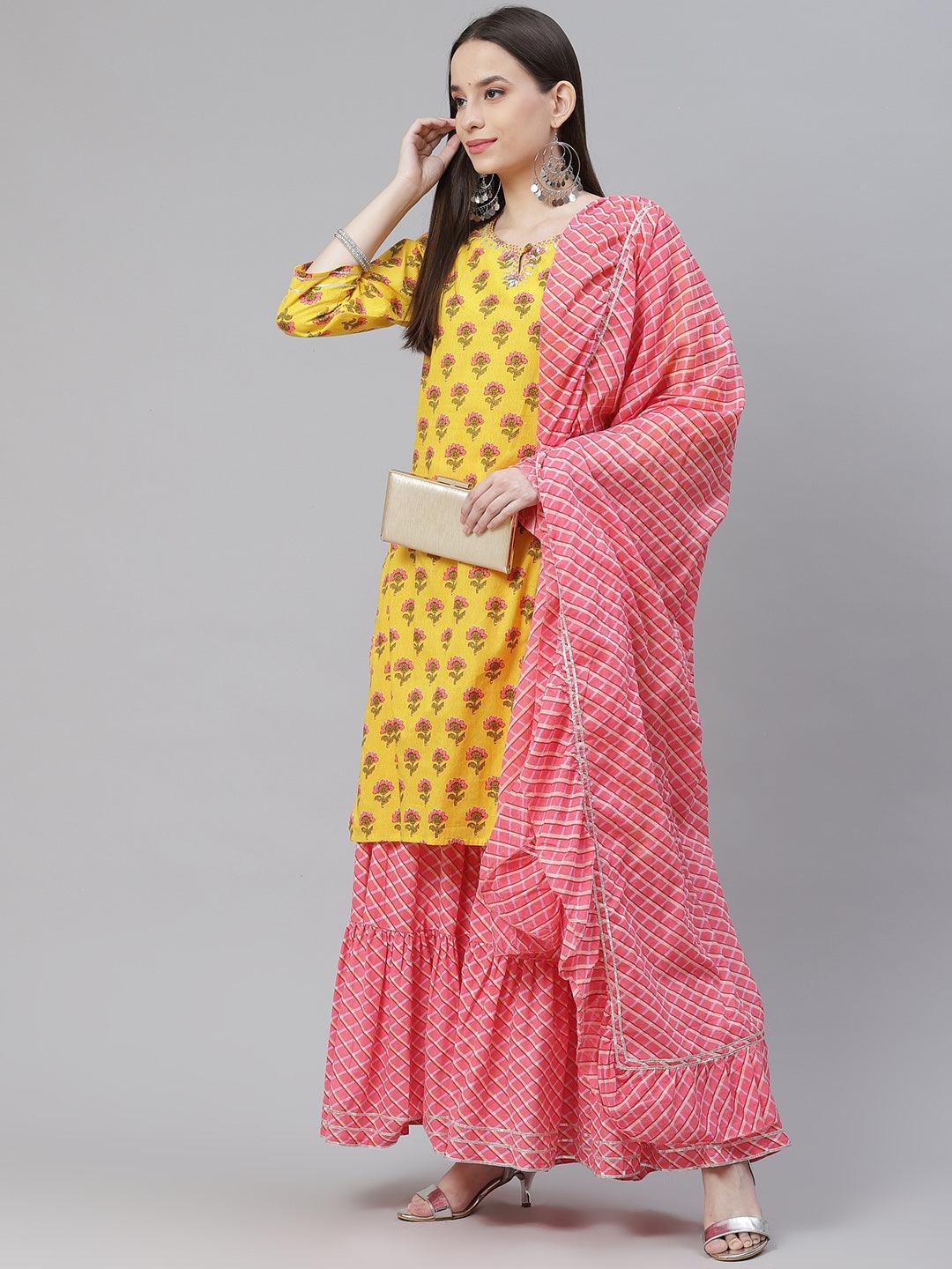 Divena Yellow Printed Kurta with Lahariya Sharara and Ruffled Dupatta Set - divena world-Mohi