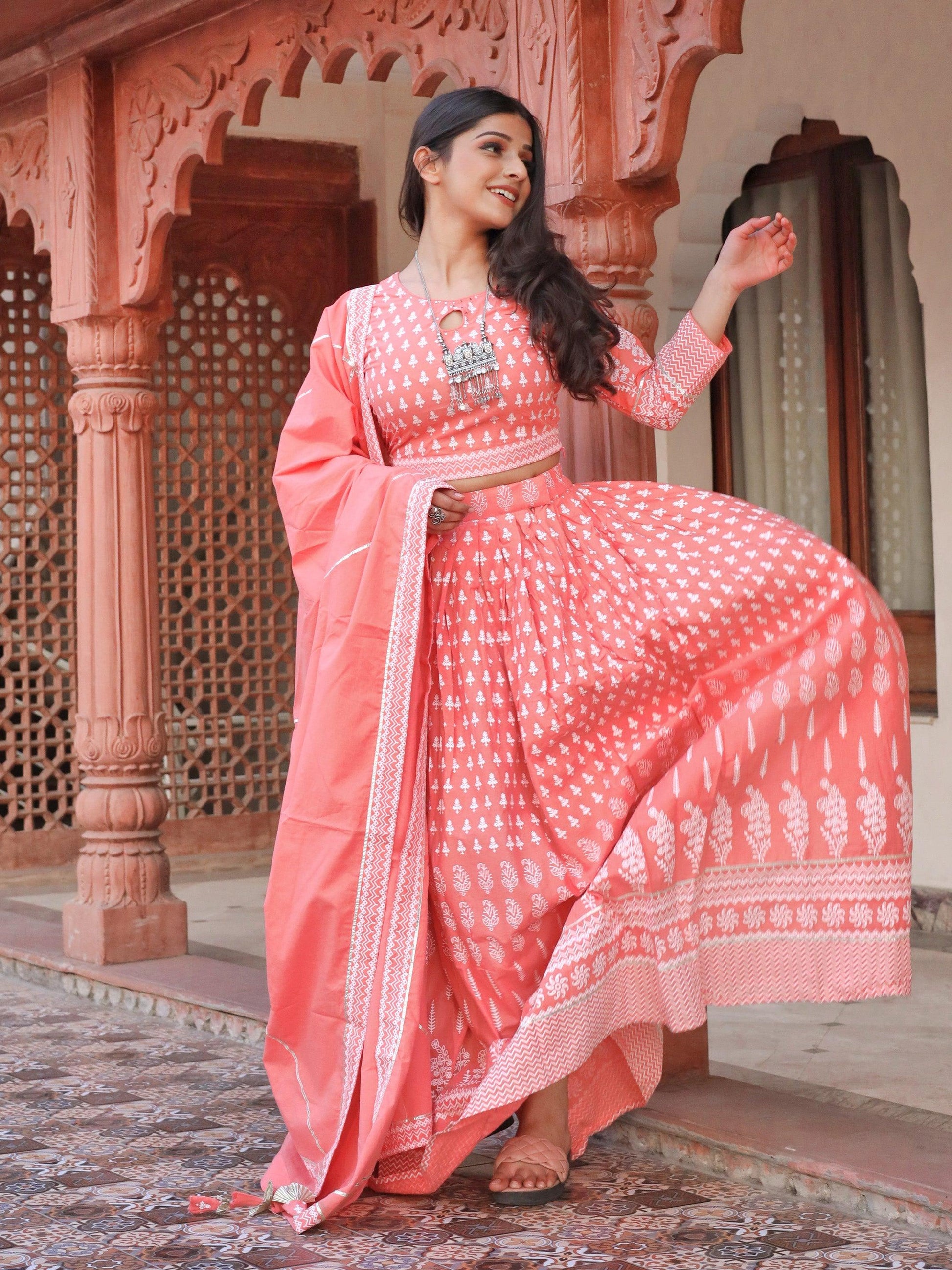 Divena Pink Printed Crop Top, lehenga with Dupatta set - divenaworld.com