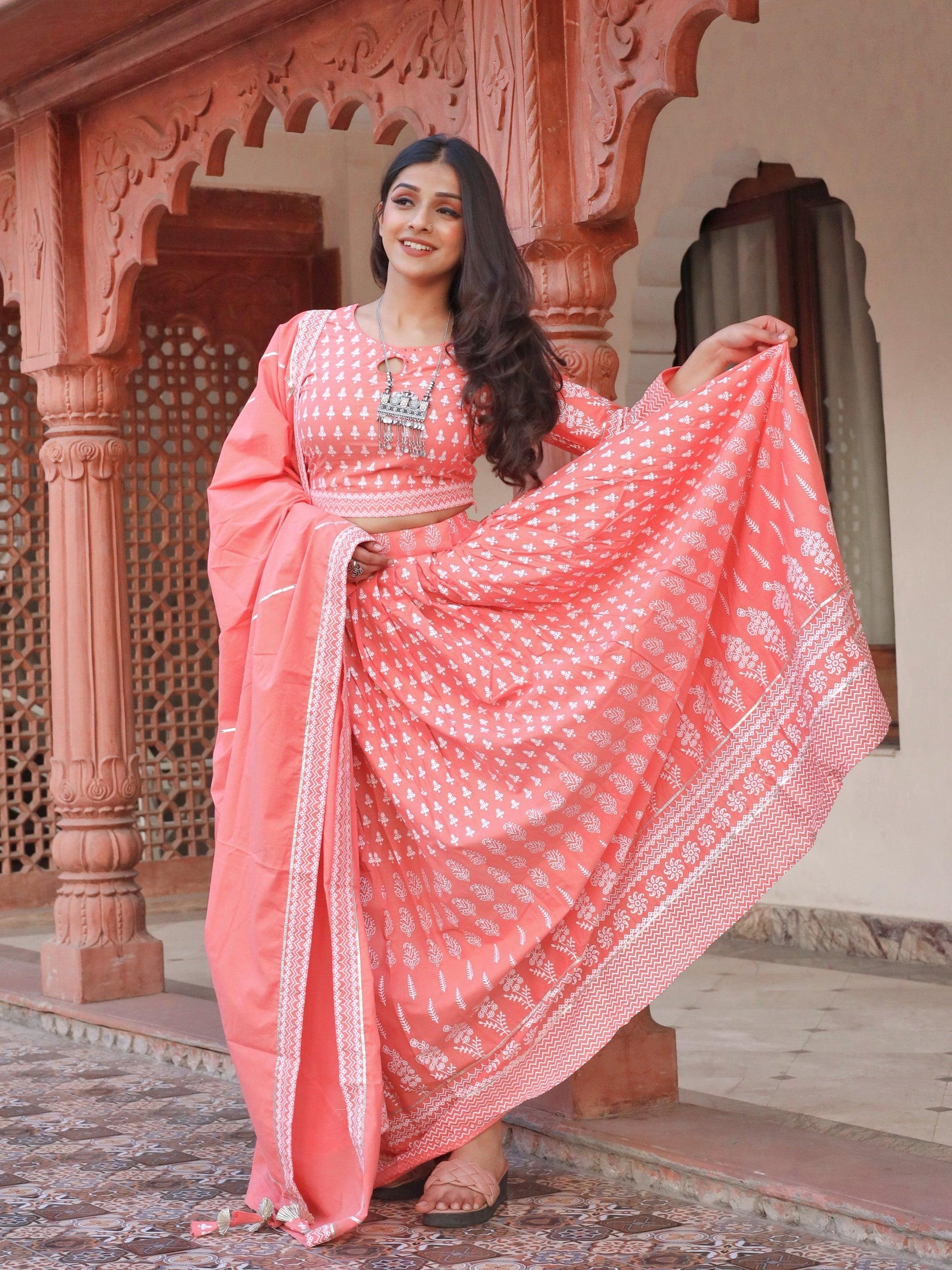 Divena Pink Printed Crop Top, lehenga with Dupatta set - divenaworld.com