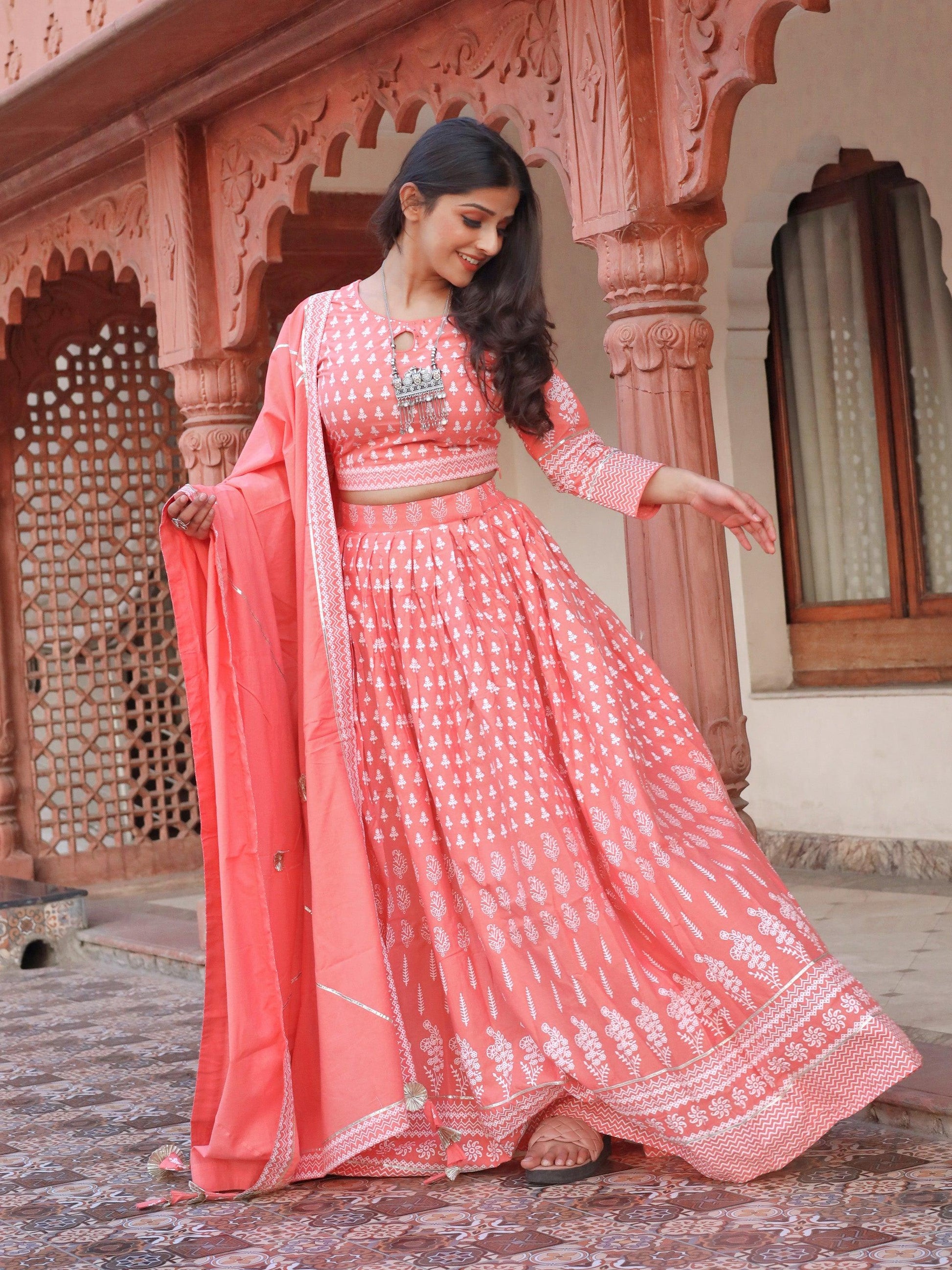 Divena Pink Printed Crop Top, lehenga with Dupatta set - divenaworld.com