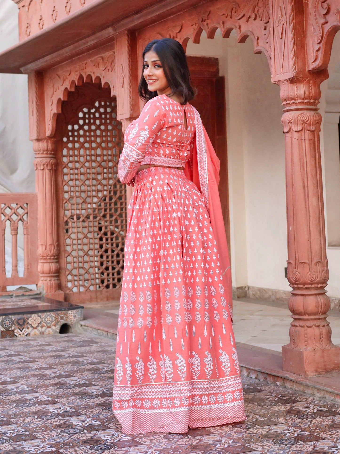 Divena Pink Printed Crop Top, lehenga with Dupatta set - divenaworld.com