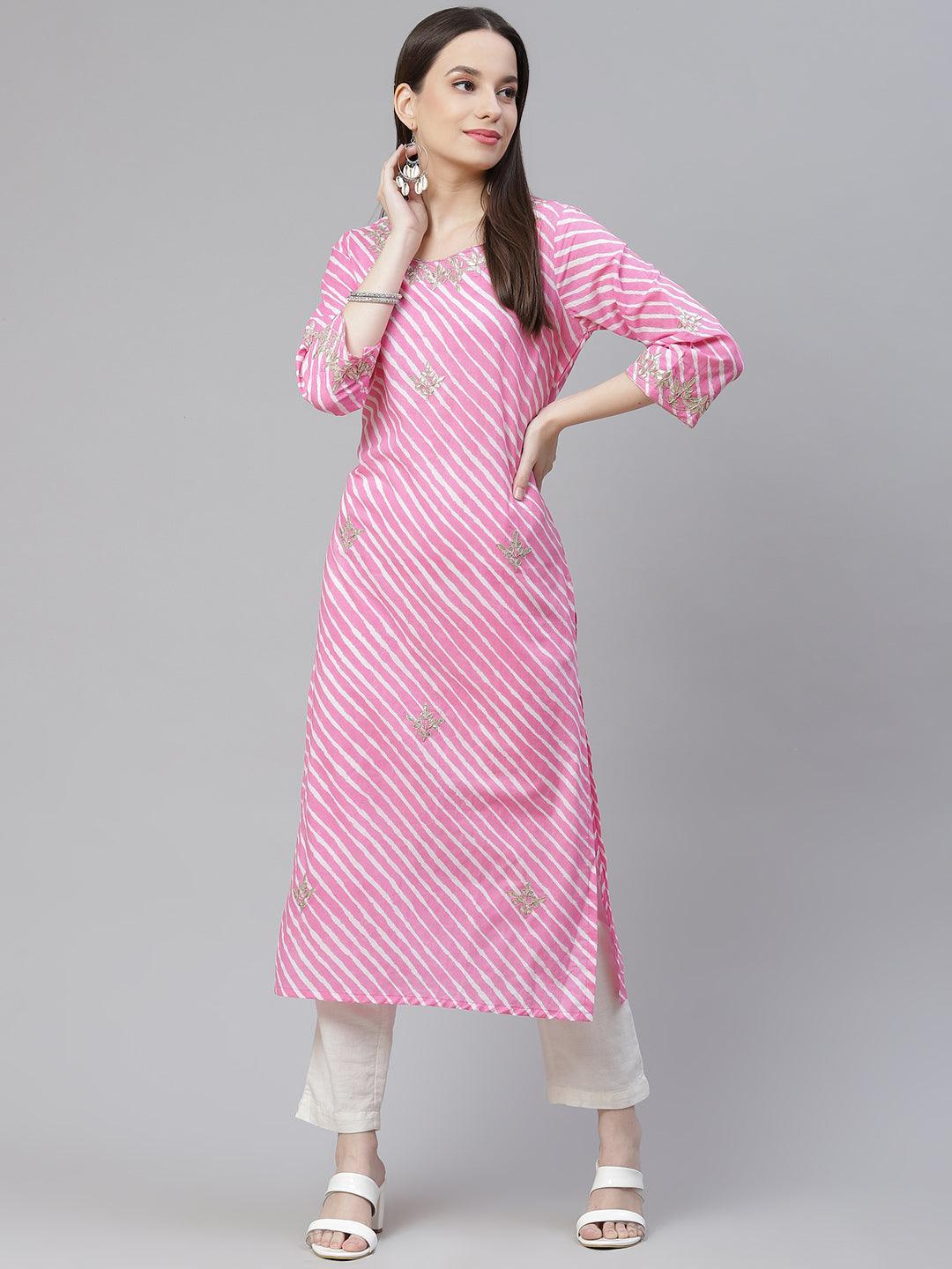 Divena Pink Lahariya Cotton Gota patti Straight Kurta - divena world-Mohi