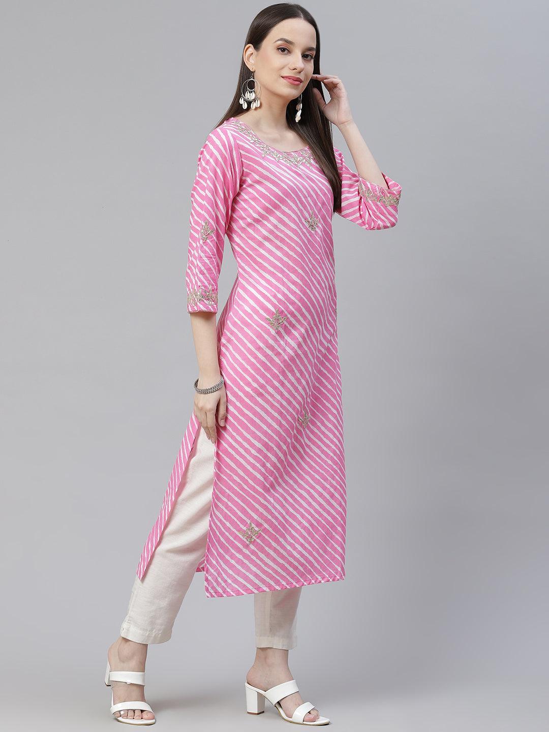 Divena Pink Lahariya Cotton Gota patti Straight Kurta - divena world-Mohi