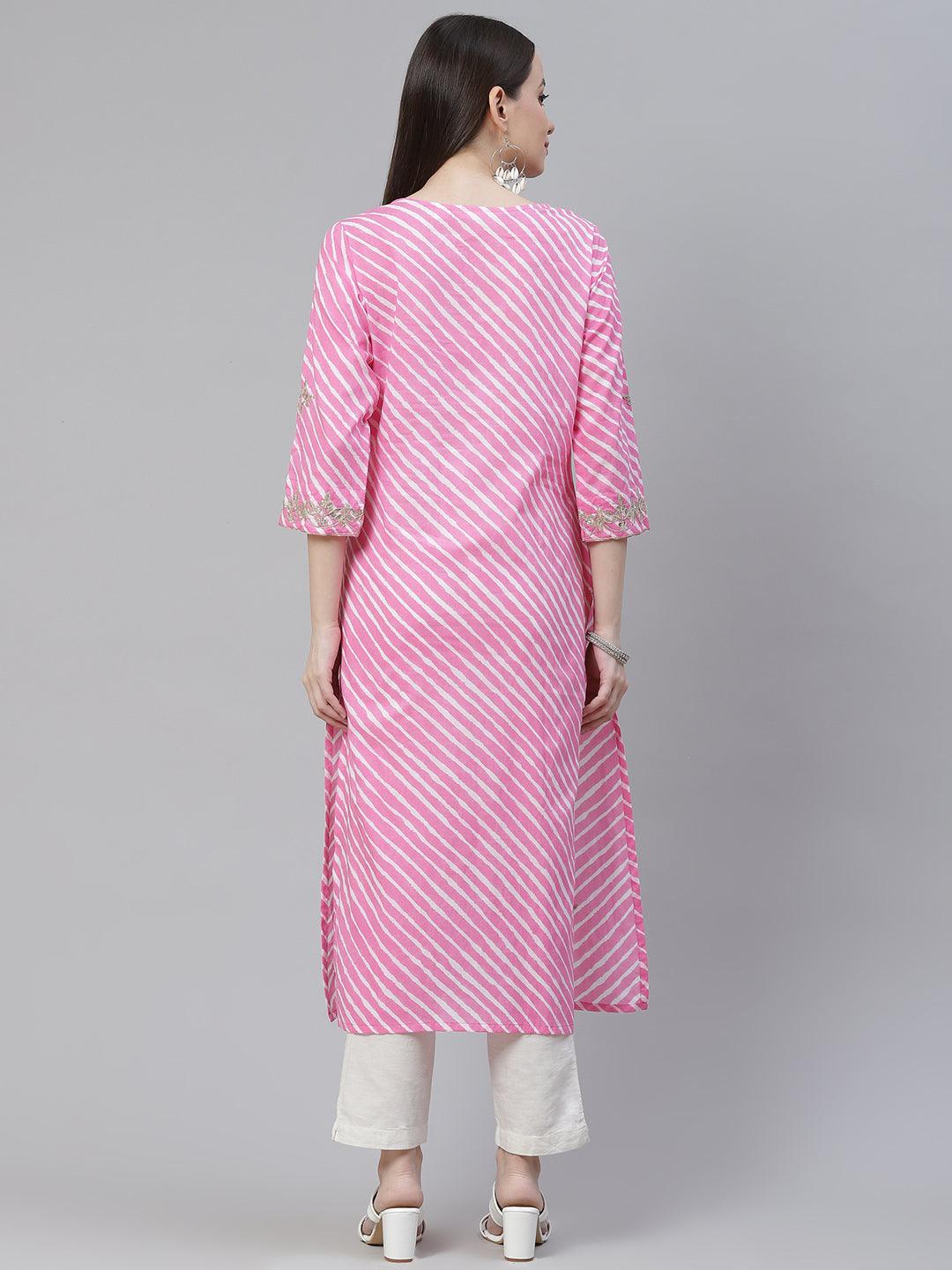 Divena Pink Lahariya Cotton Gota patti Straight Kurta - divena world-Mohi