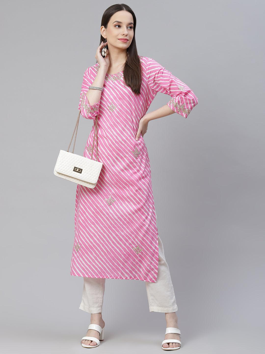 Divena Pink Lahariya Cotton Gota patti Straight Kurta - divena world-Mohi