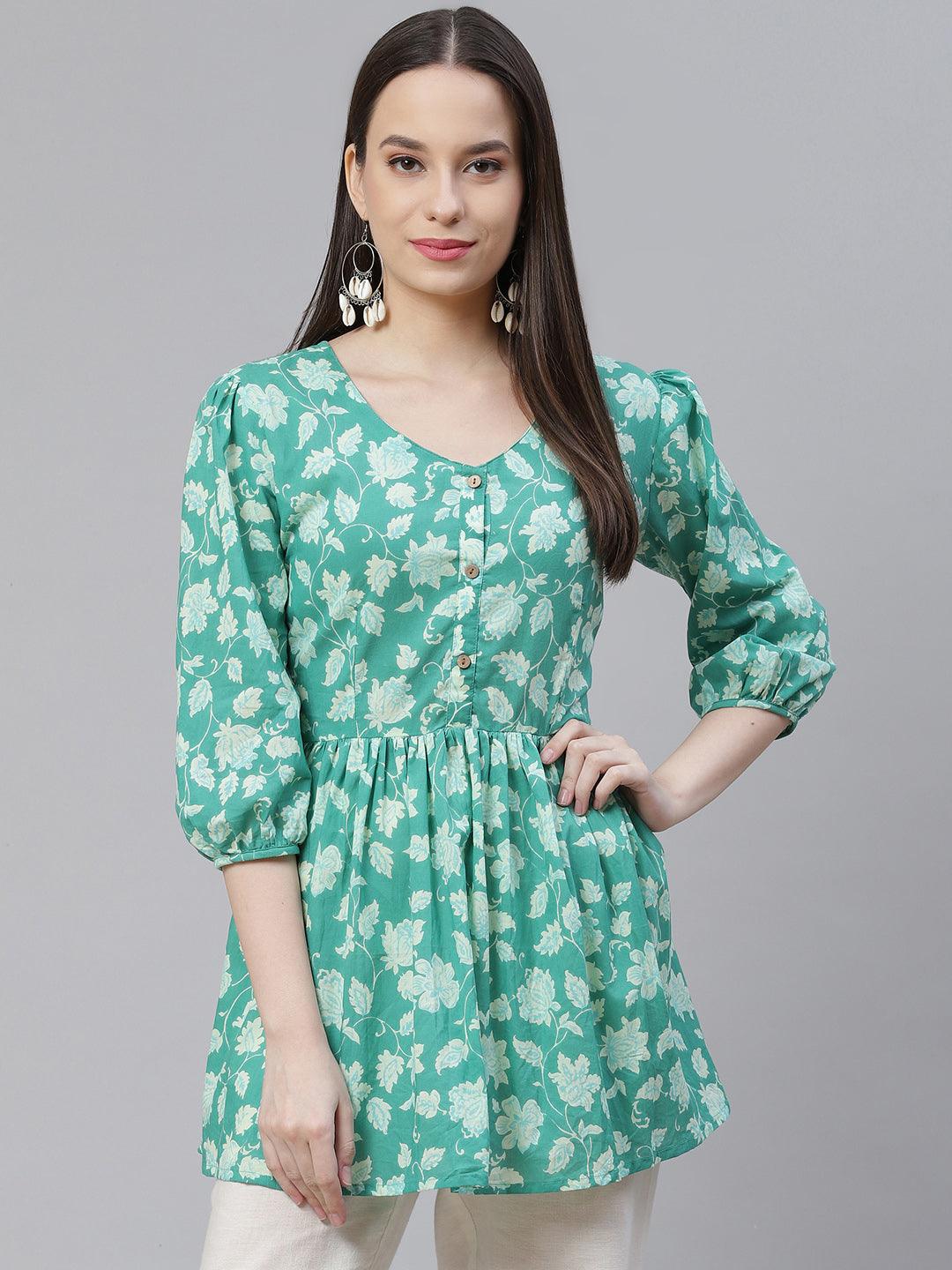 Divena Sea green Floral Printed Peplum Cotton top - divena world-Mohi