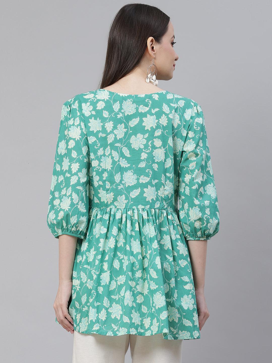 Divena Sea green Floral Printed Peplum Cotton top - divena world-Mohi