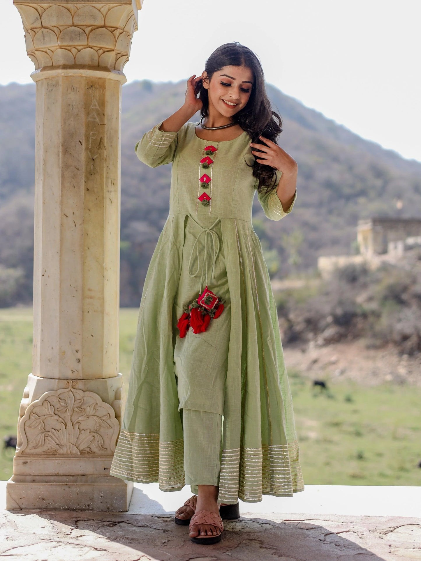 Pastel Green Flared Cotton Kurta With Pants