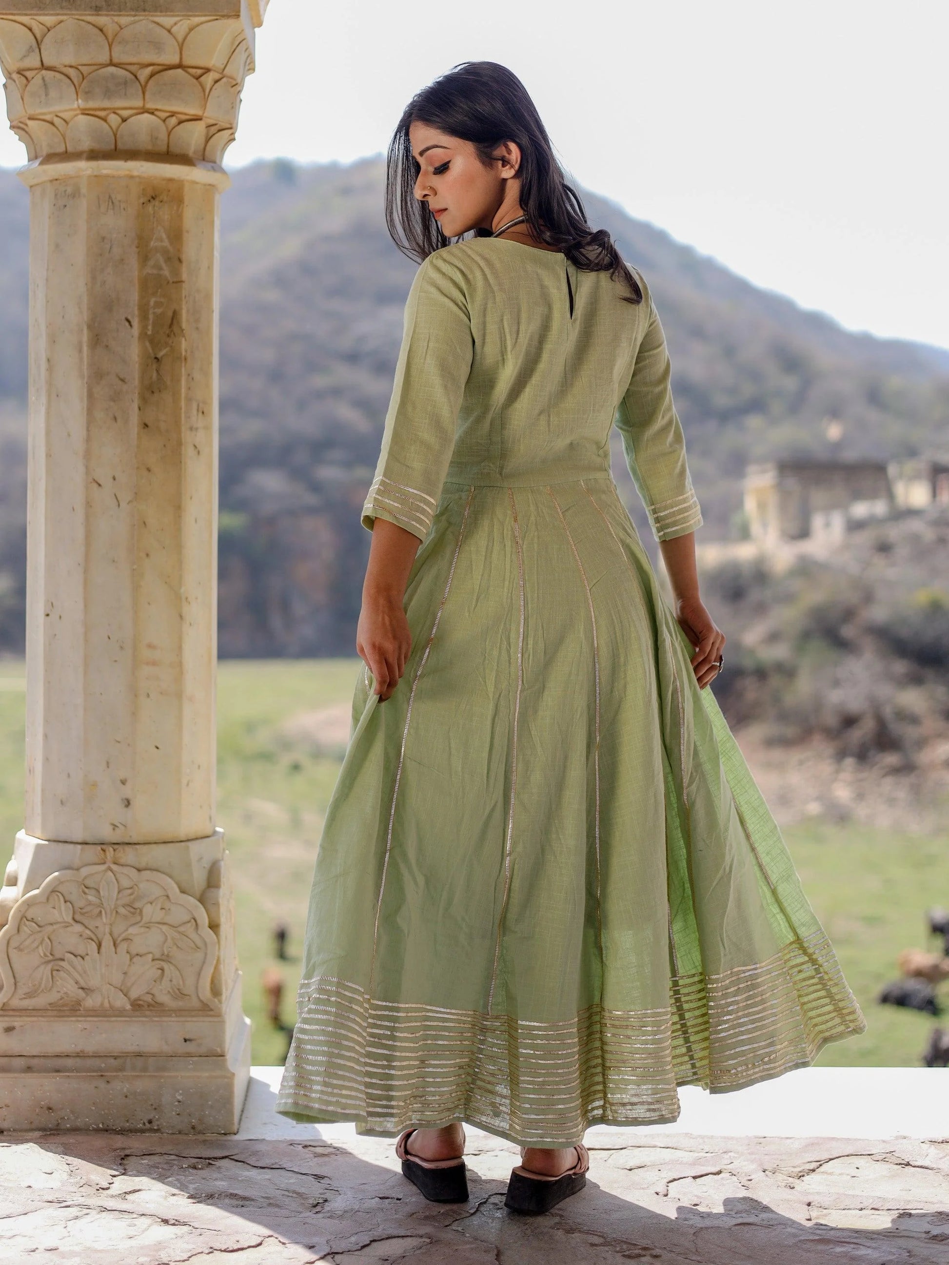 Pastel Green Flared Cotton Kurta With Pants