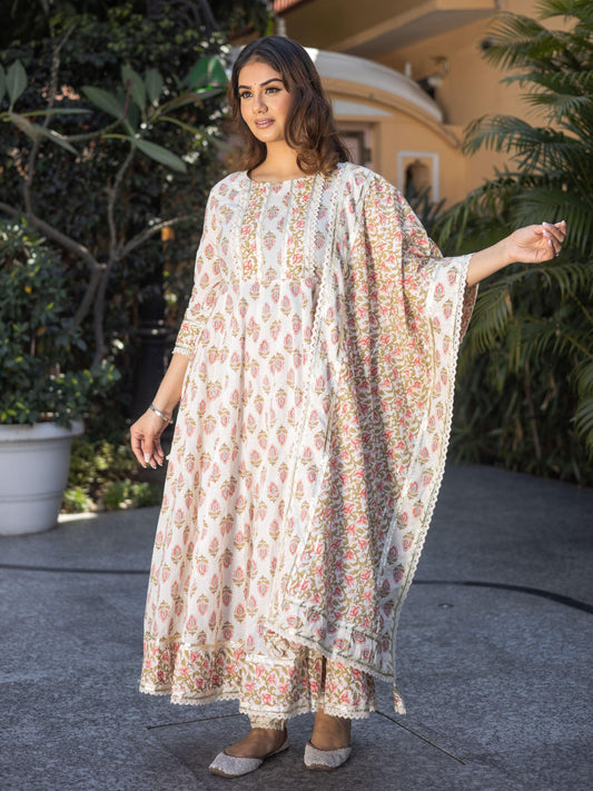 Divena Cream Floral Anarkali Cotton Kurta Palazzo set with Dupatta - divenaworld.com