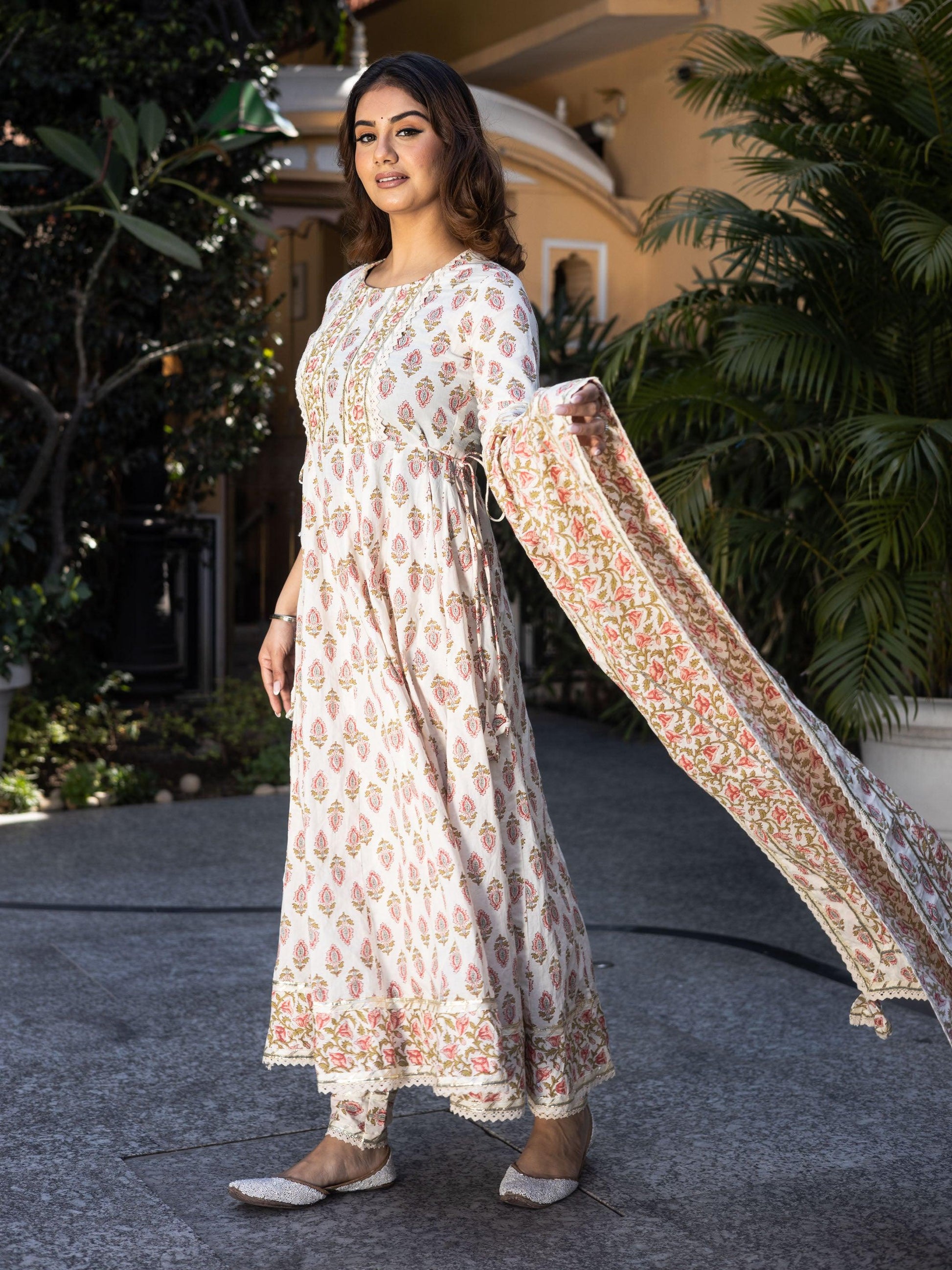 Divena Cream Floral Anarkali Cotton Kurta Palazzo set with Dupatta - divenaworld.com