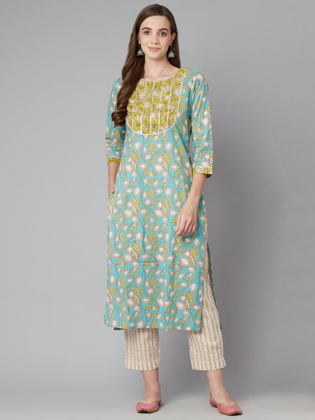 Divena Sky blue Floral Printed Cotton kurta Pant Set - divena world-Mohi